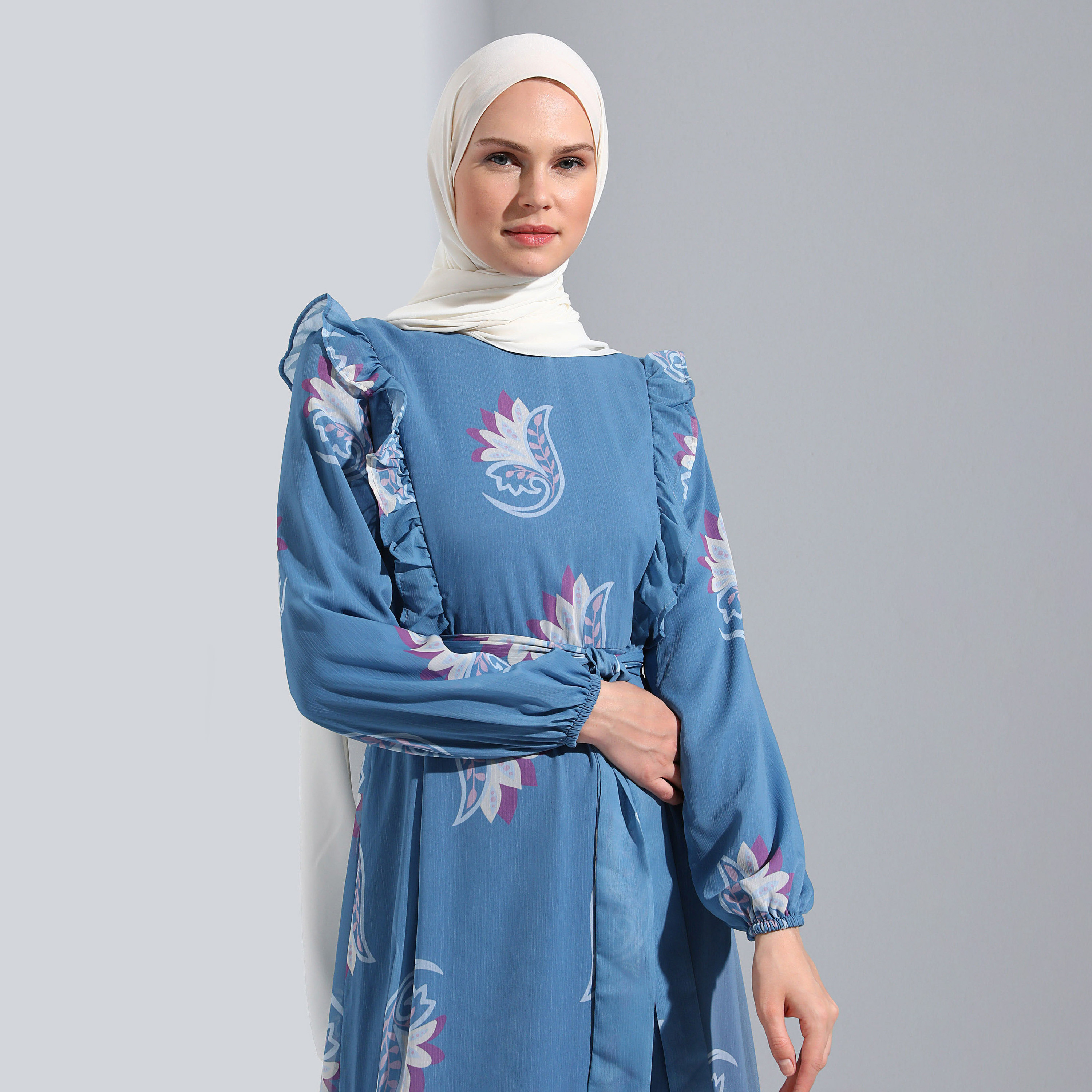 Modanisa Printed Crew Neck Front Tie-Up Belted Dress-women-clothing-dresses-image-2