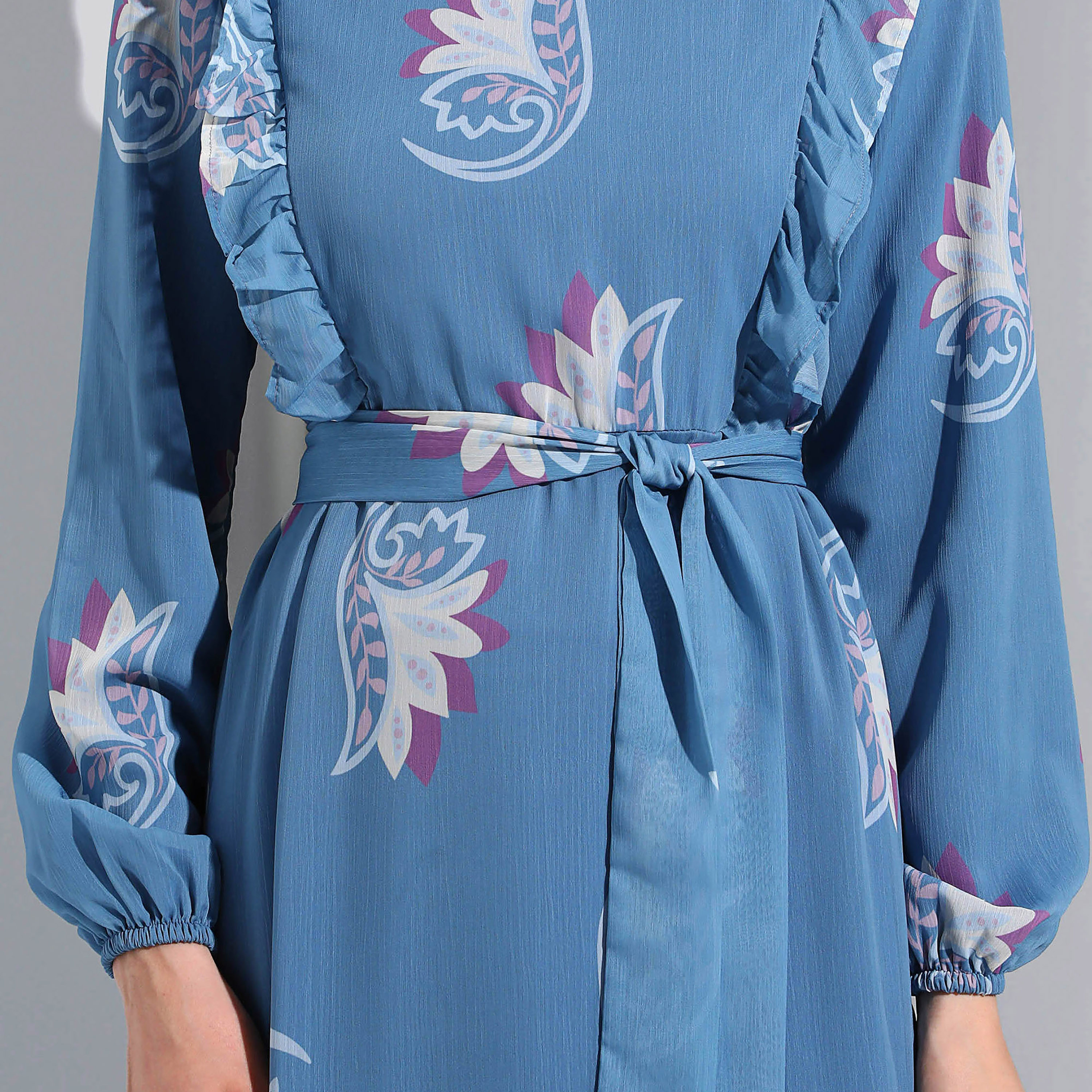 Modanisa Printed Crew Neck Front Tie-Up Belted Dress-women-clothing-dresses-image-3