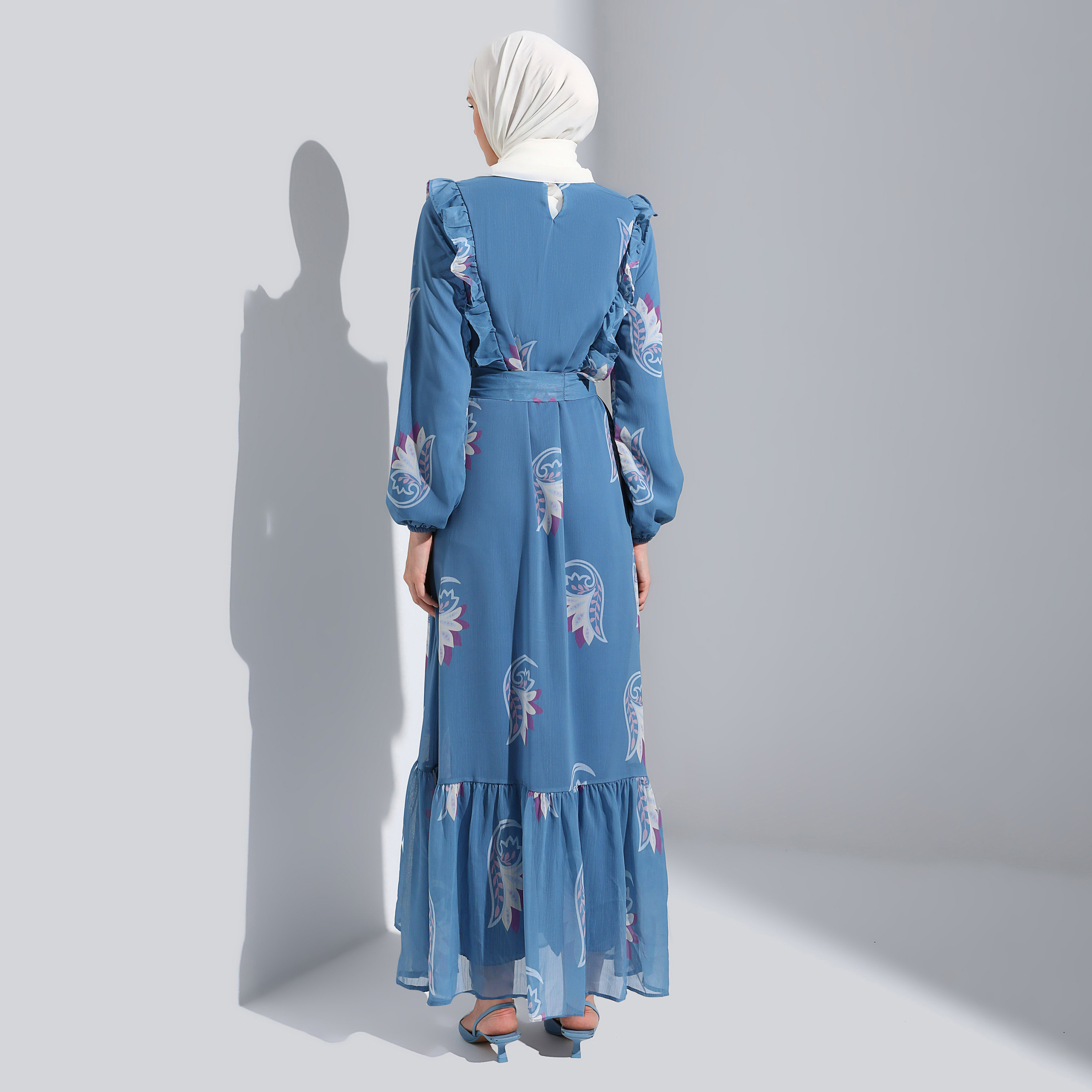 Modanisa Printed Crew Neck Front Tie-Up Belted Dress-women-clothing-dresses-image-4