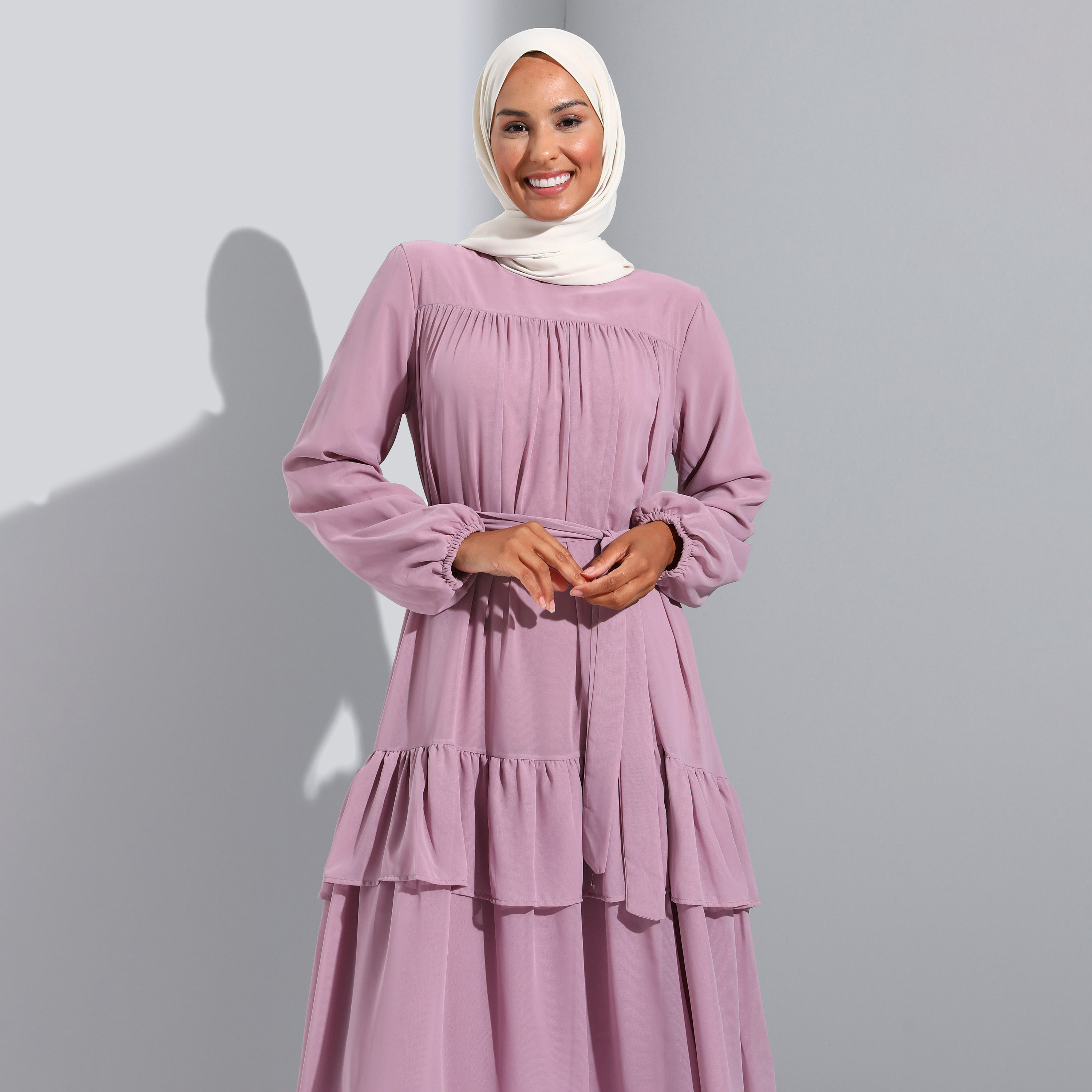 Modanisa Plain Crew Neck Front Tie-Up Belted Tiered Dress-women-clothing-dresses-image-2