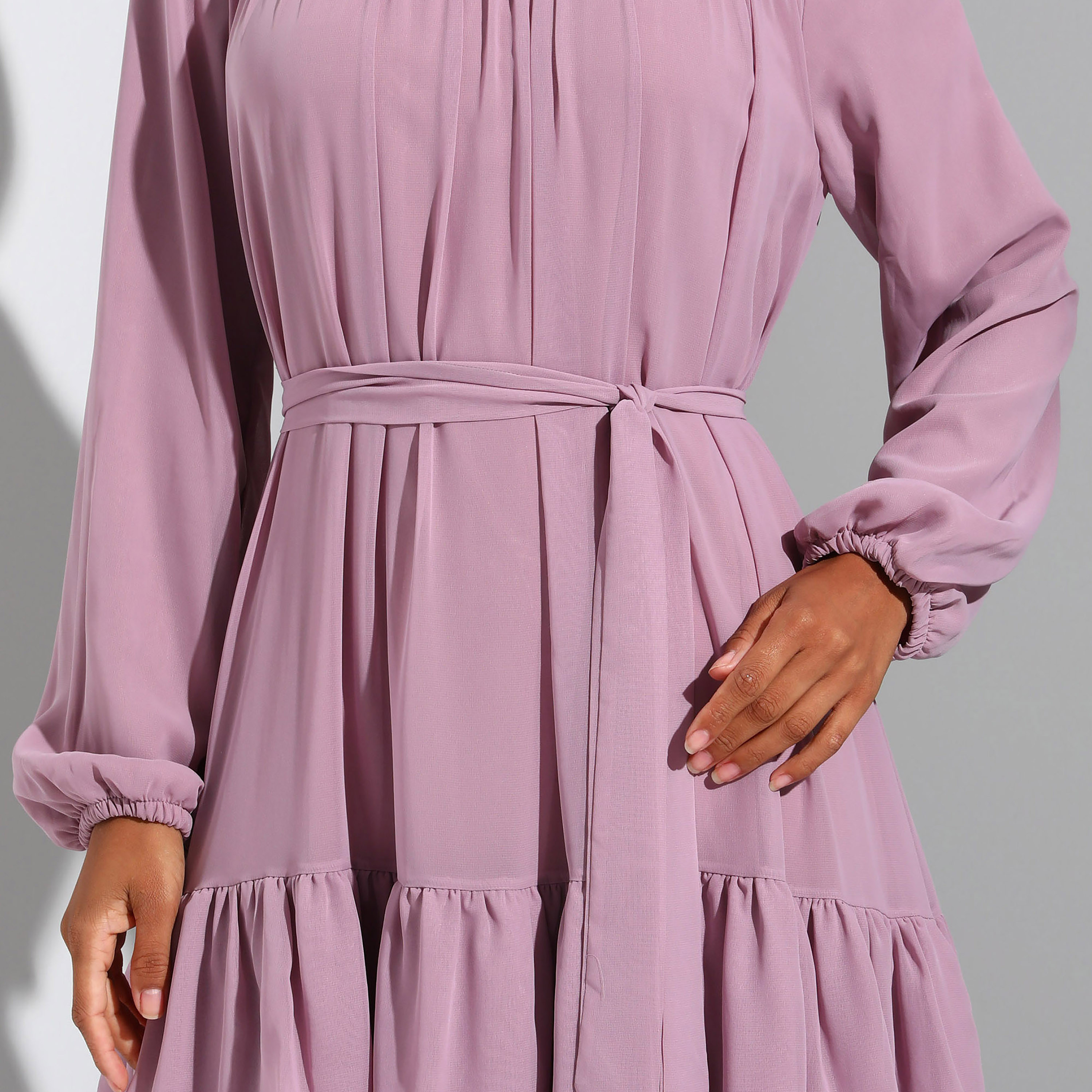 Modanisa Plain Crew Neck Front Tie-Up Belted Tiered Dress-women-clothing-dresses-image-3