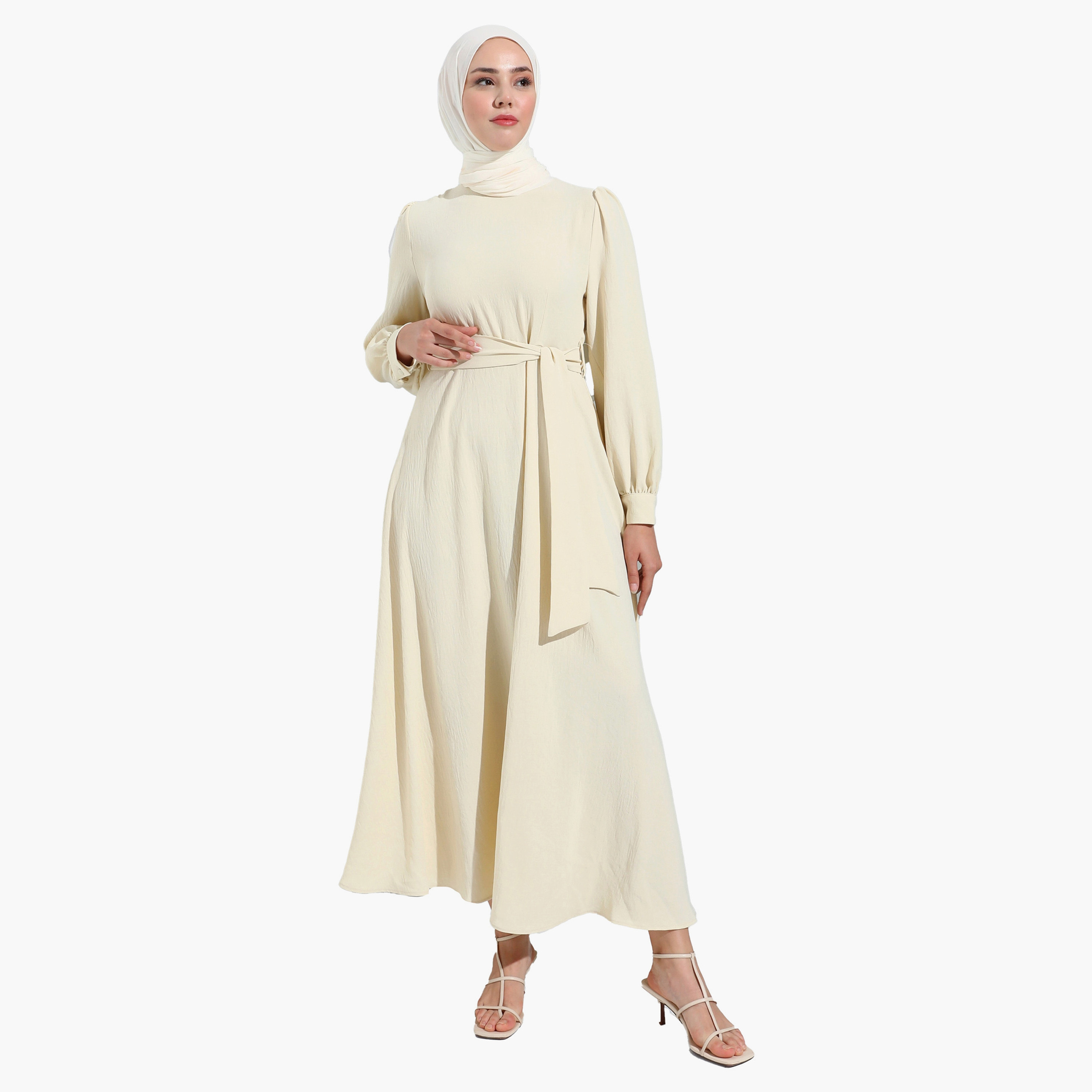 فستان متواضع عادية برقبة دائرية عادي وحزام ربطة من مودانيشا-women-clothing-dresses-image-1