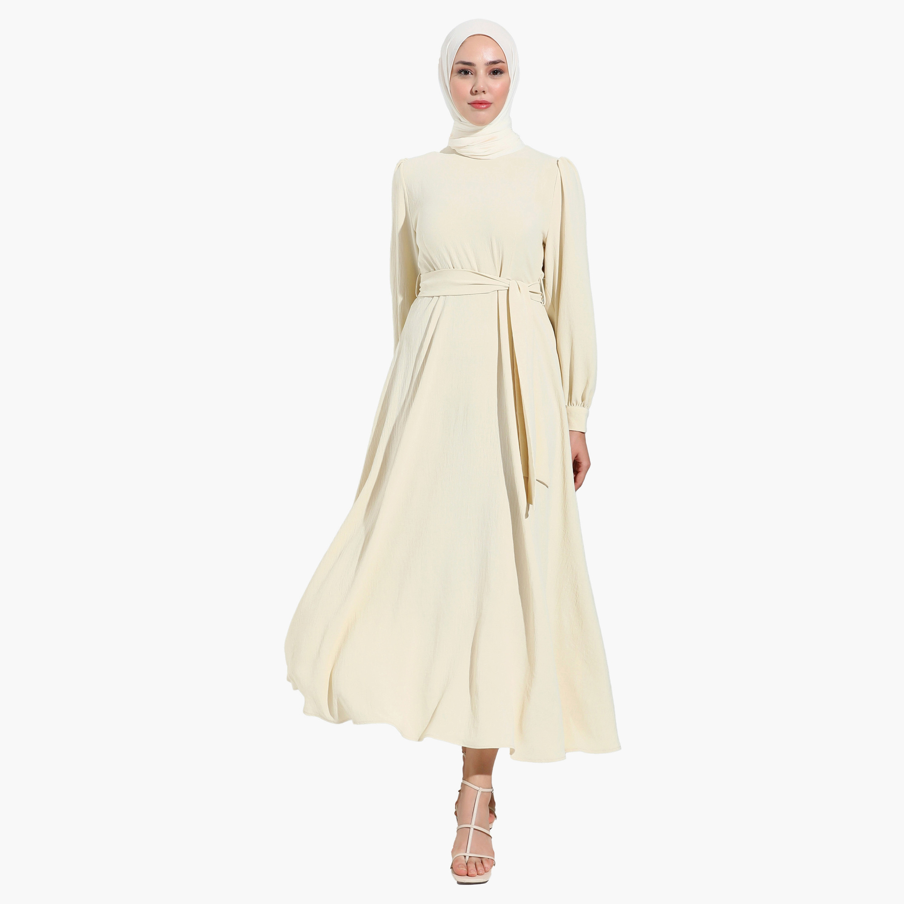 فستان متواضع عادية برقبة دائرية عادي وحزام ربطة من مودانيشا-women-clothing-dresses-image-2