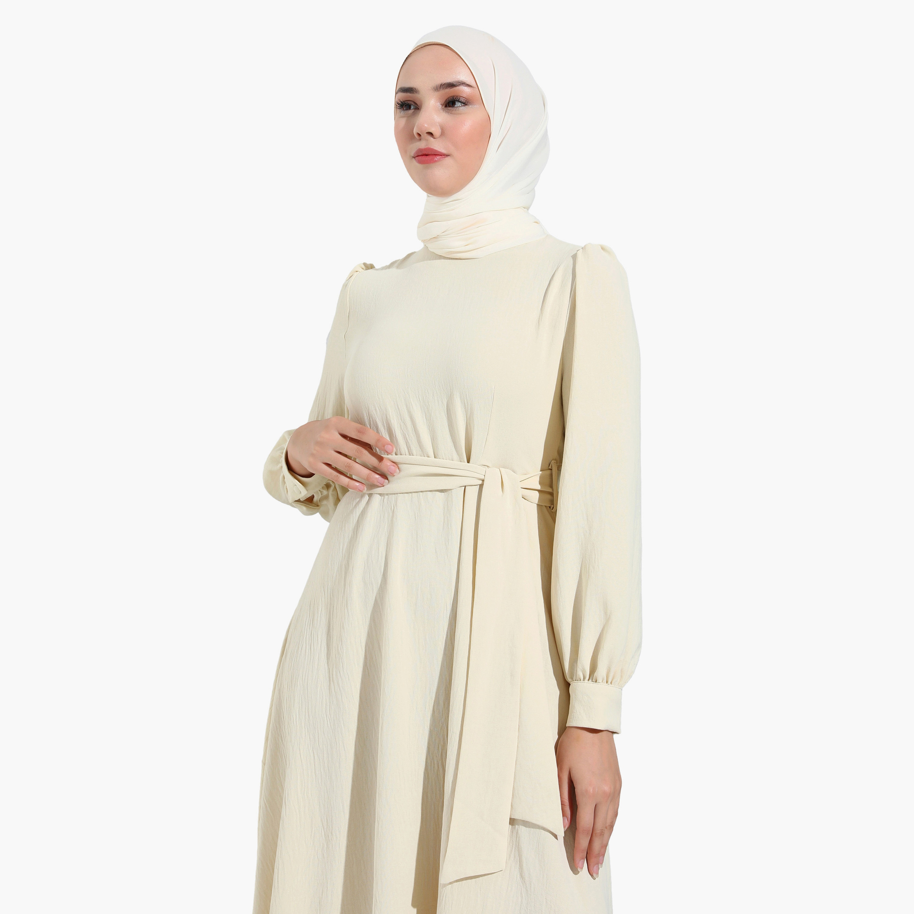 فستان متواضع عادية برقبة دائرية عادي وحزام ربطة من مودانيشا-women-clothing-dresses-image-3