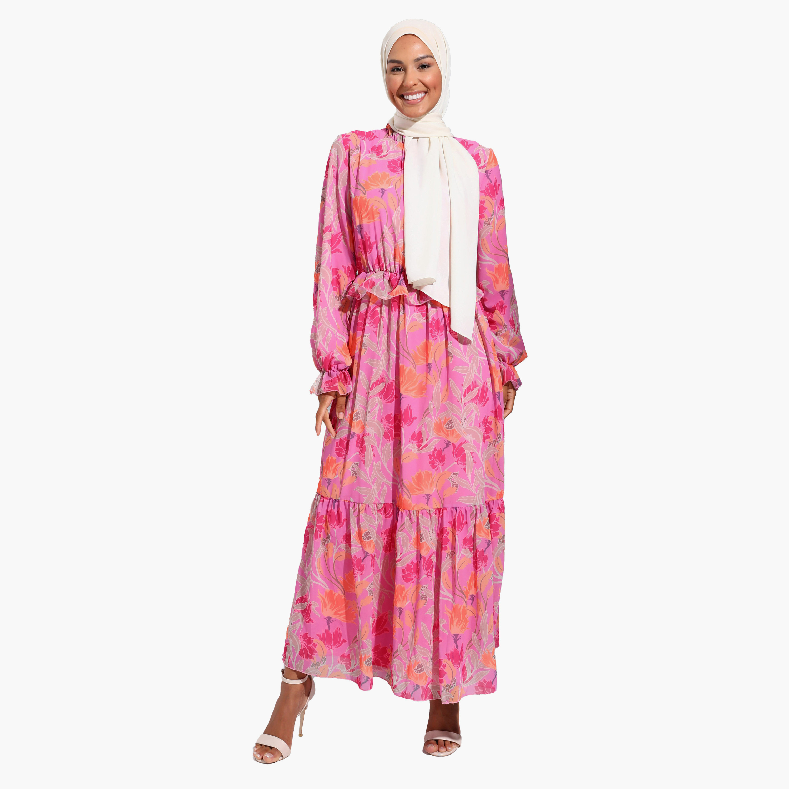 فستان ذو رقبة مكشكشة وزهور من مودانيسا-women-clothing-dresses-image-1
