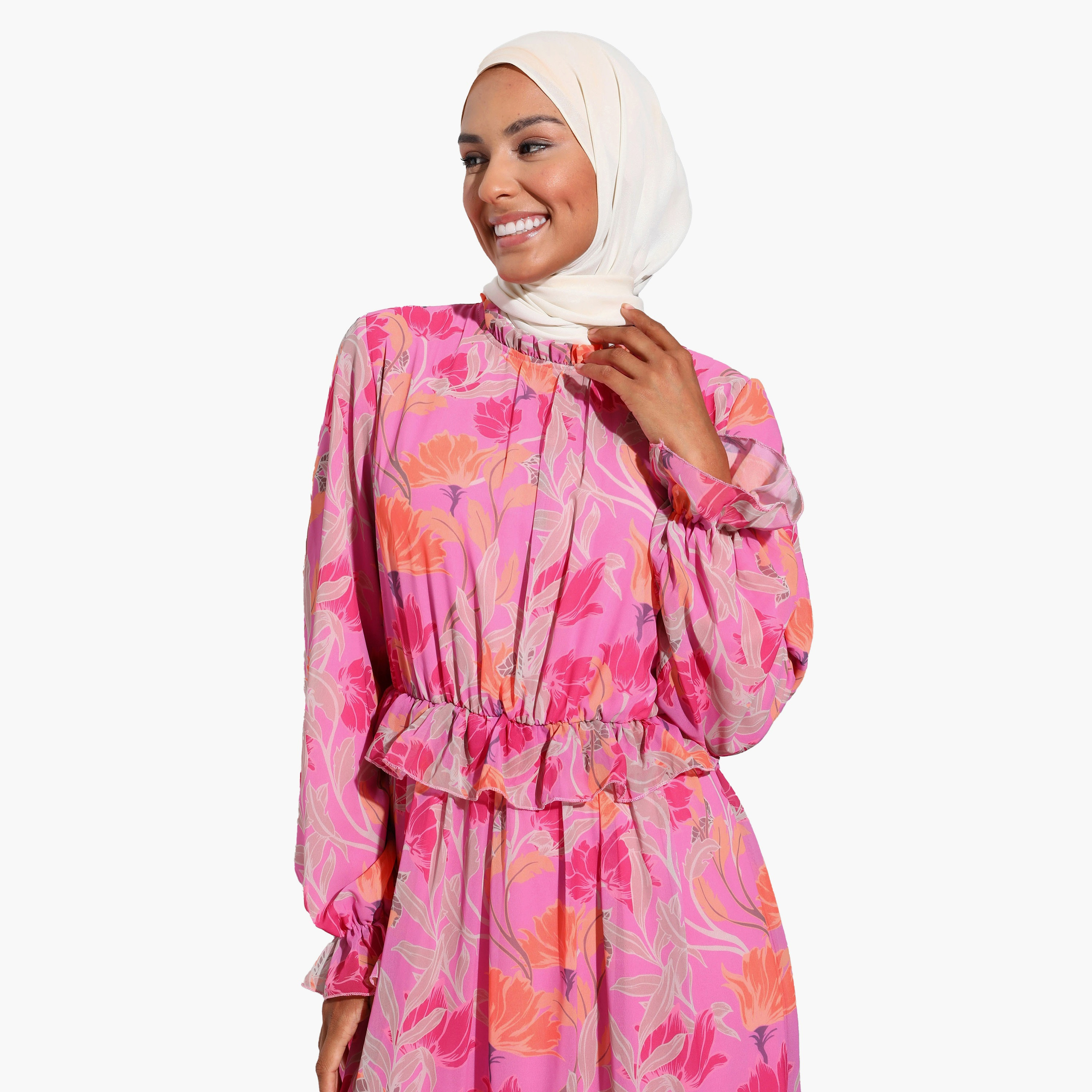 فستان ذو رقبة مكشكشة وزهور من مودانيسا-women-clothing-dresses-image-3