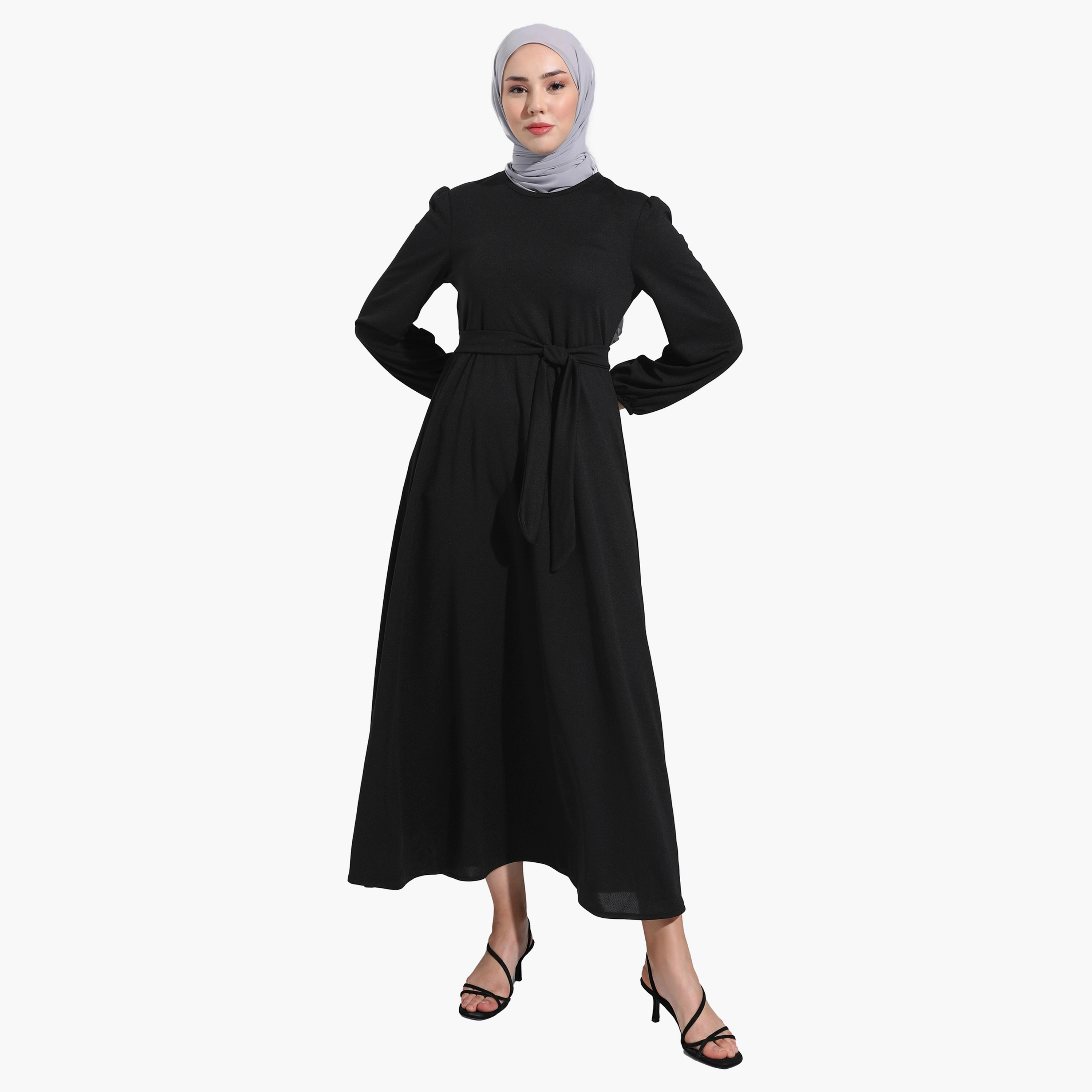 فستان متواضع عادية برقبة دائرية عادي وحزام ربطة من مودانيشا-women-clothing-dresses-image-1