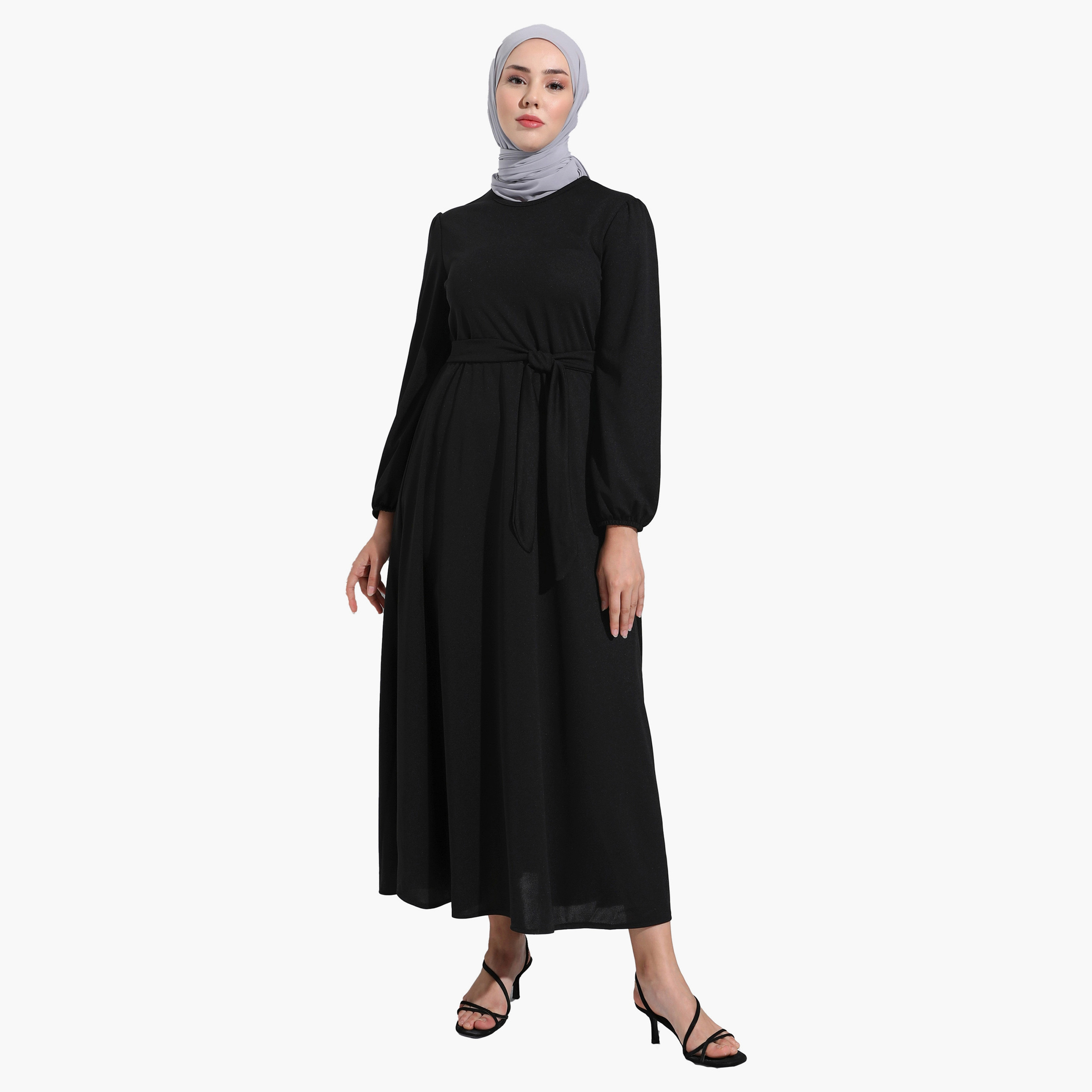 فستان متواضع عادية برقبة دائرية عادي وحزام ربطة من مودانيشا-women-clothing-dresses-image-2