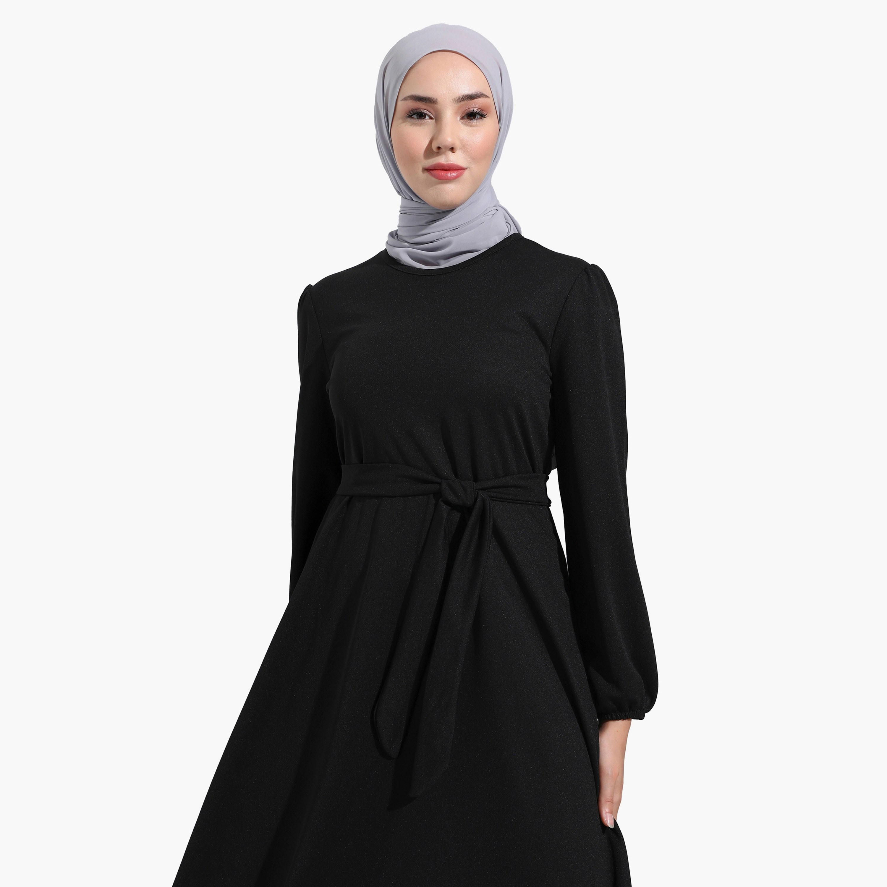 فستان متواضع عادية برقبة دائرية عادي وحزام ربطة من مودانيشا-women-clothing-dresses-image-3