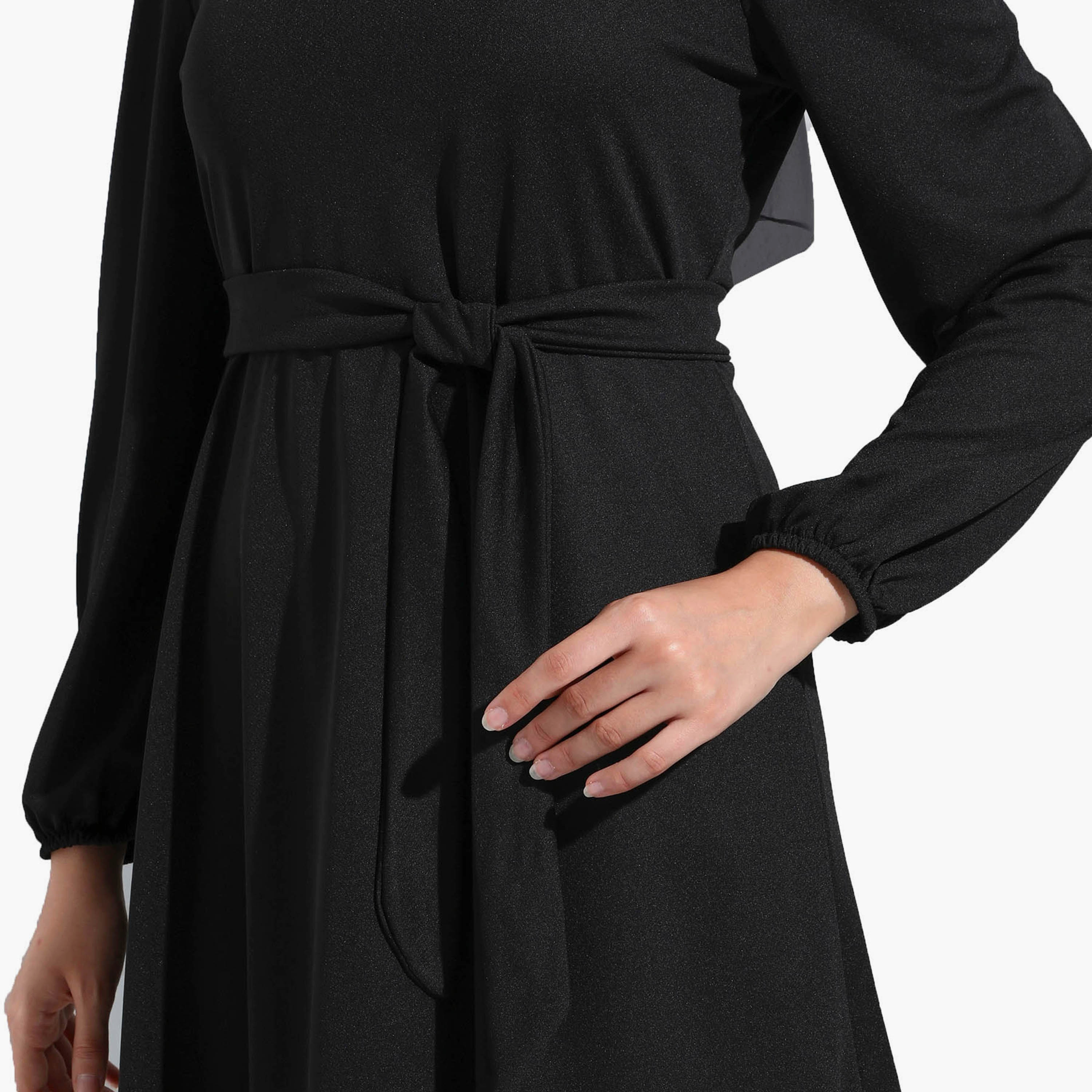 Modanisa Plain Crew Neck Tie Belt Modest Dress-women-clothing-dresses-image-4