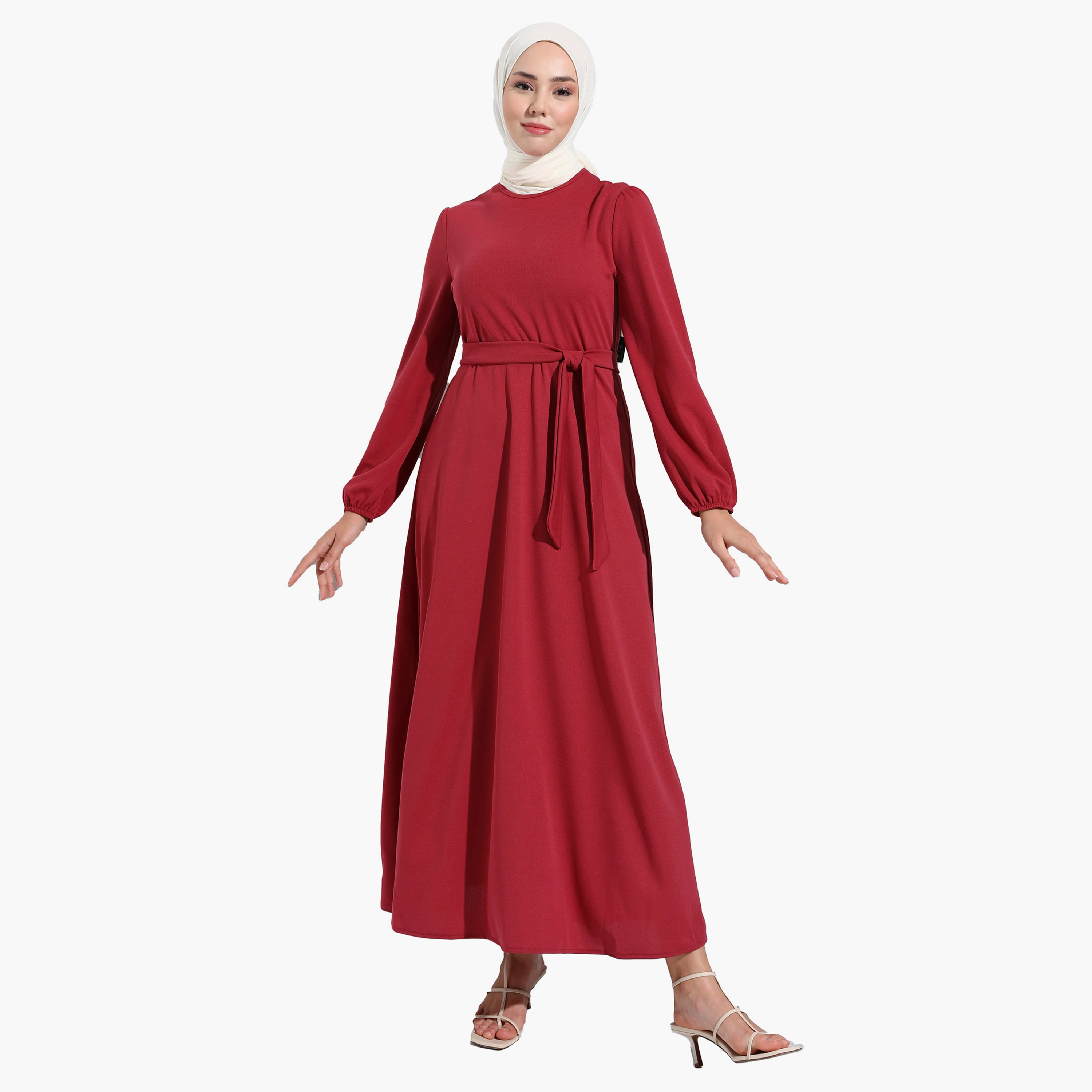فستان متواضع عادية برقبة دائرية عادي وحزام ربطة من مودانيشا-women-clothing-dresses-image-1