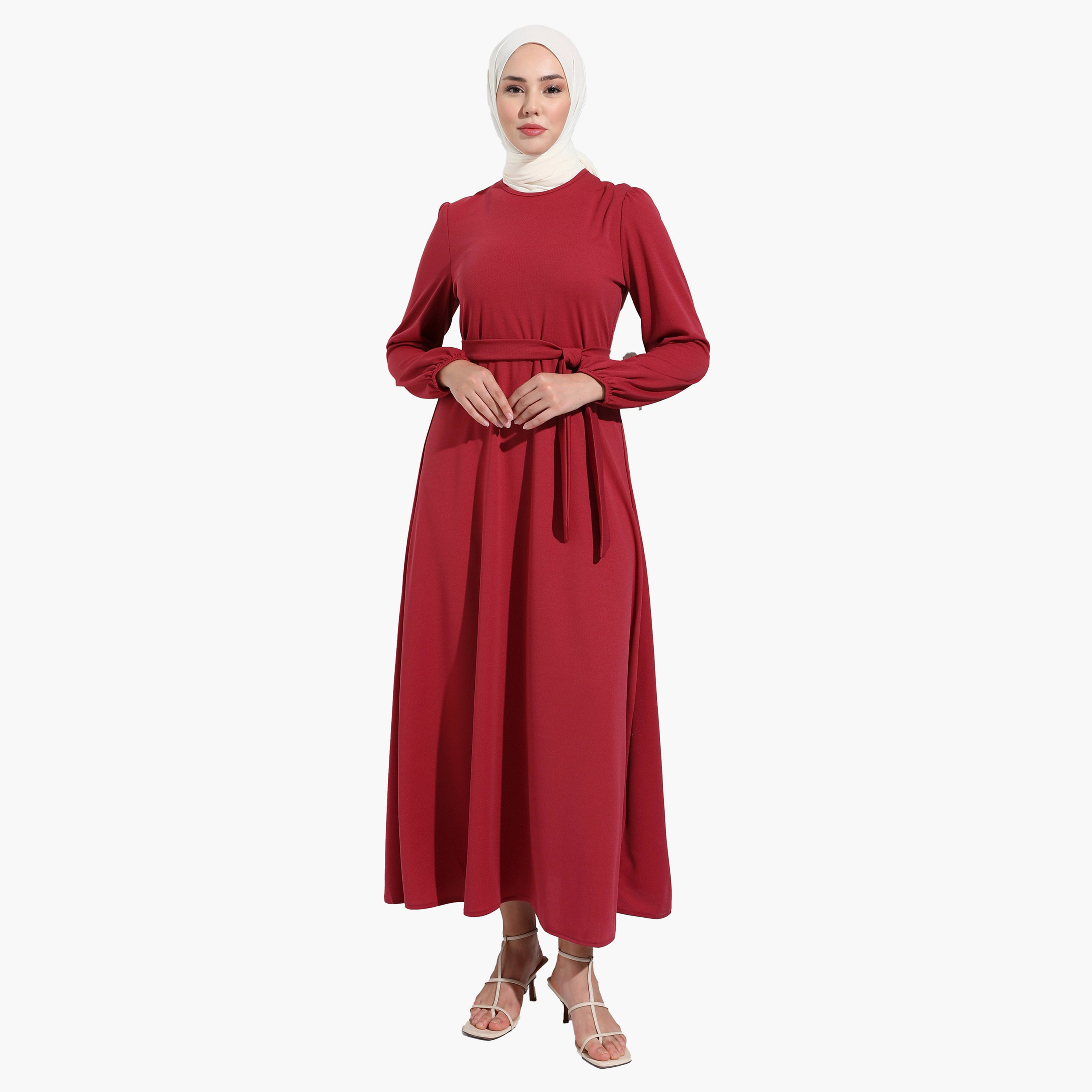 Modanisa Plain Crew Neck Tie Belt Modest Dress-women-clothing-dresses-image-2