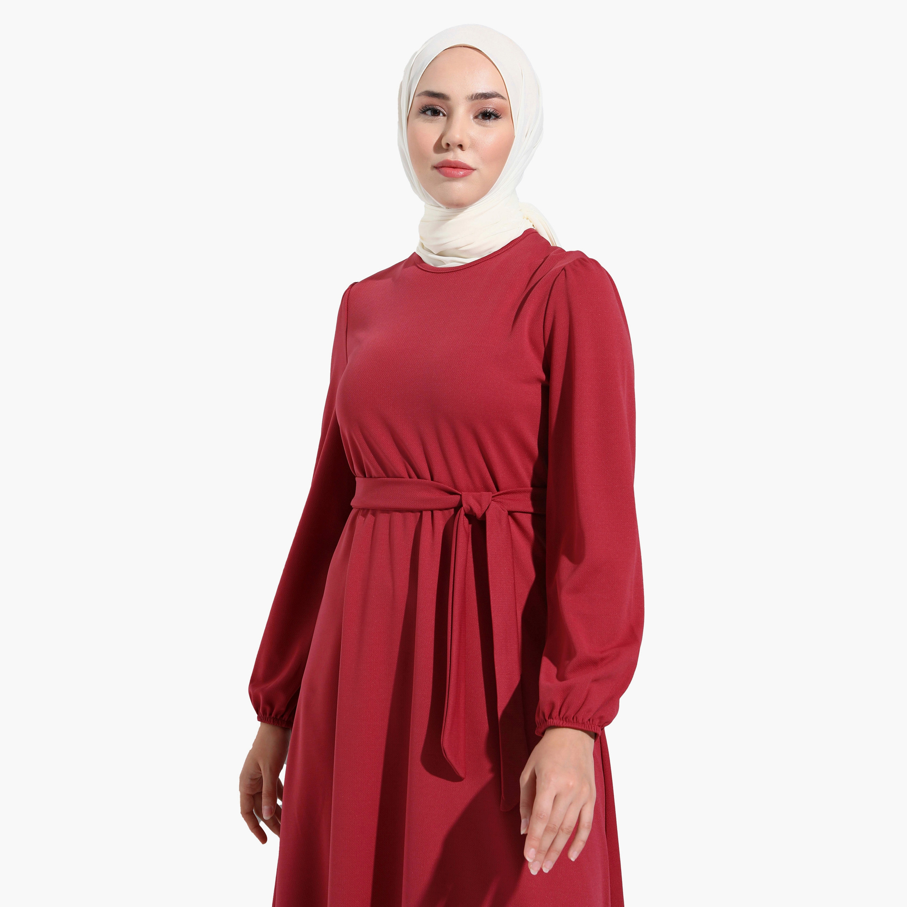 Modanisa Plain Crew Neck Tie Belt Modest Dress-women-clothing-dresses-image-3