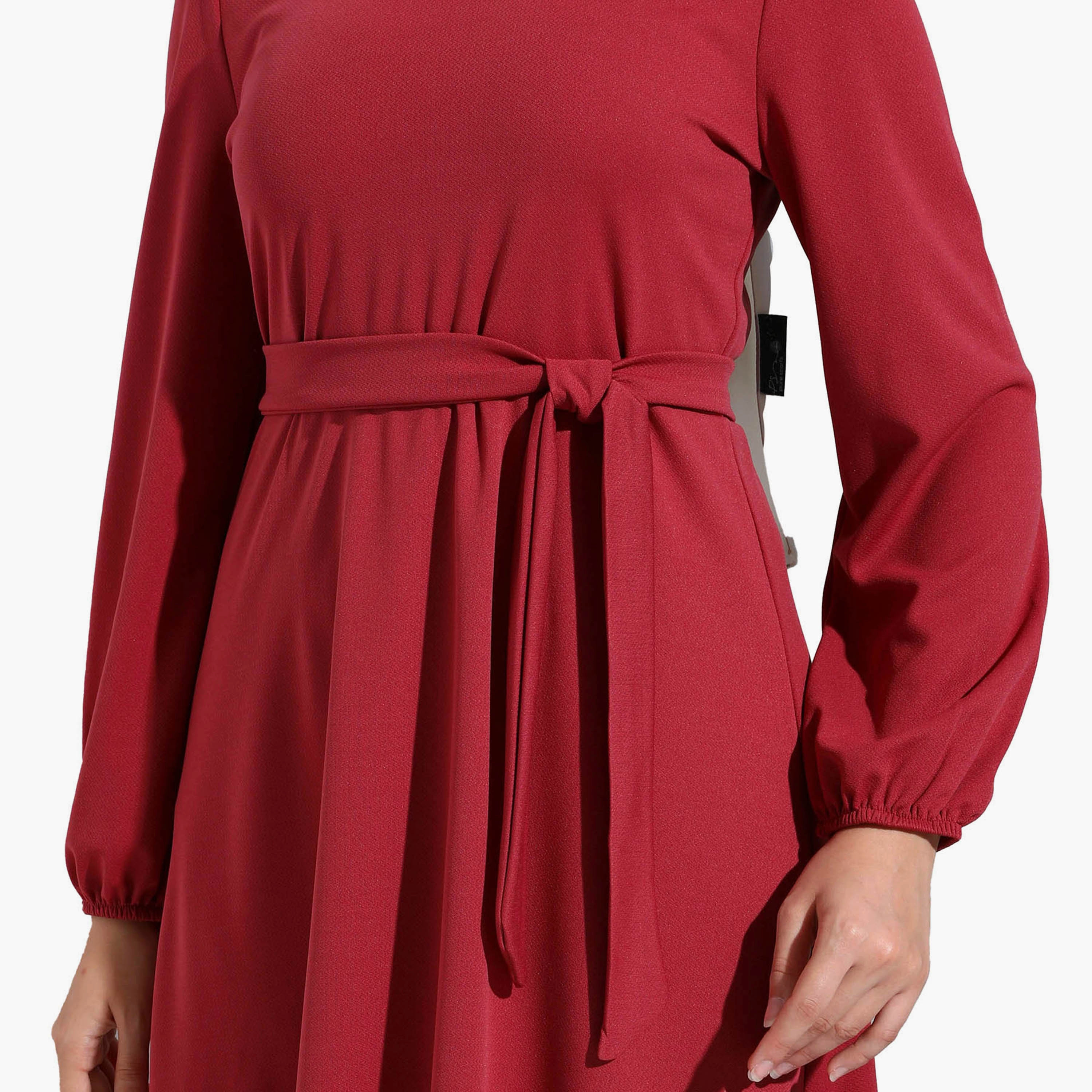 فستان متواضع عادية برقبة دائرية عادي وحزام ربطة من مودانيشا-women-clothing-dresses-image-4