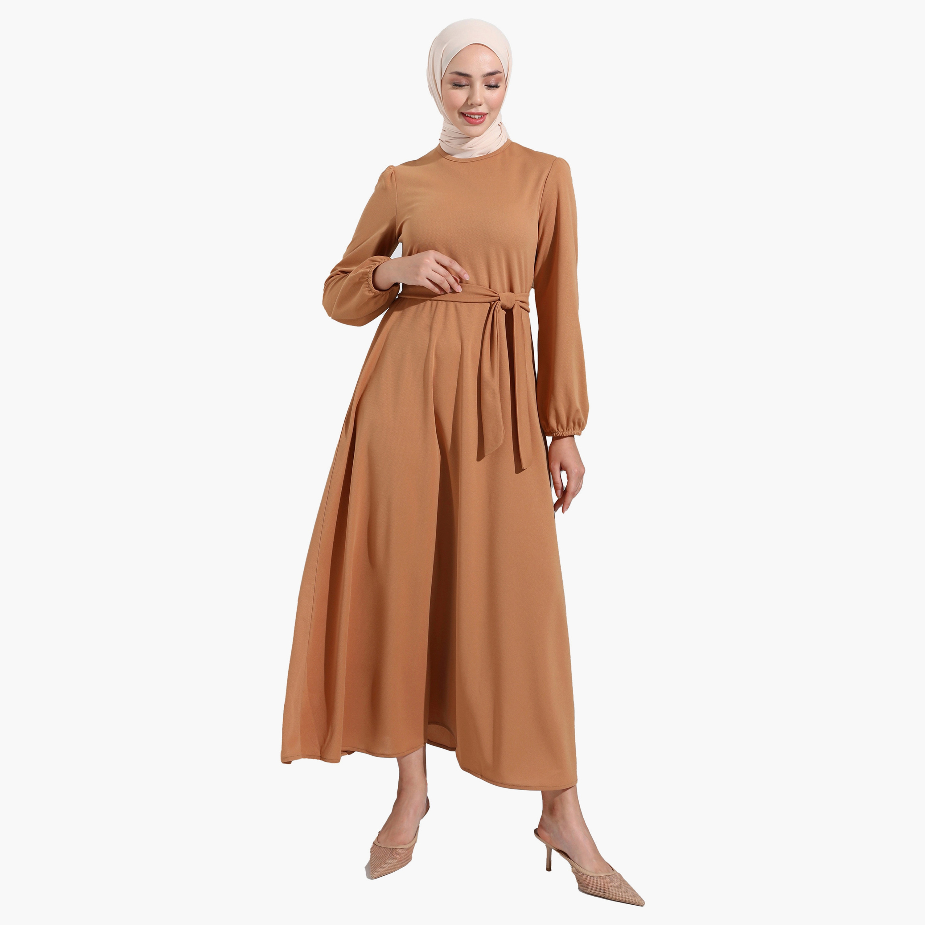 فستان متواضع عادية برقبة دائرية عادي وحزام ربطة من مودانيشا-women-clothing-dresses-image-1