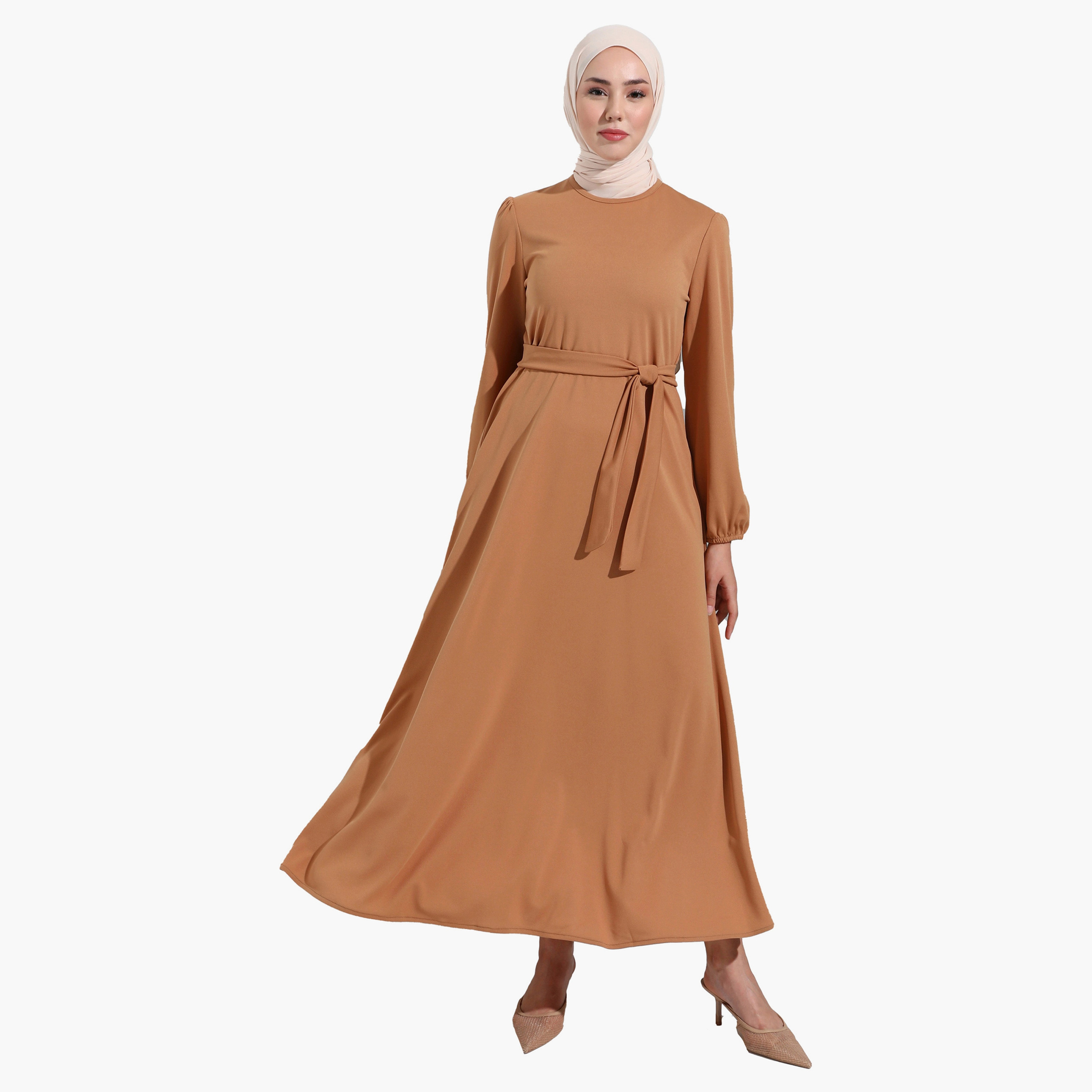 Modanisa Plain Crew Neck Tie Belt Modest Dress-women-clothing-dresses-image-2