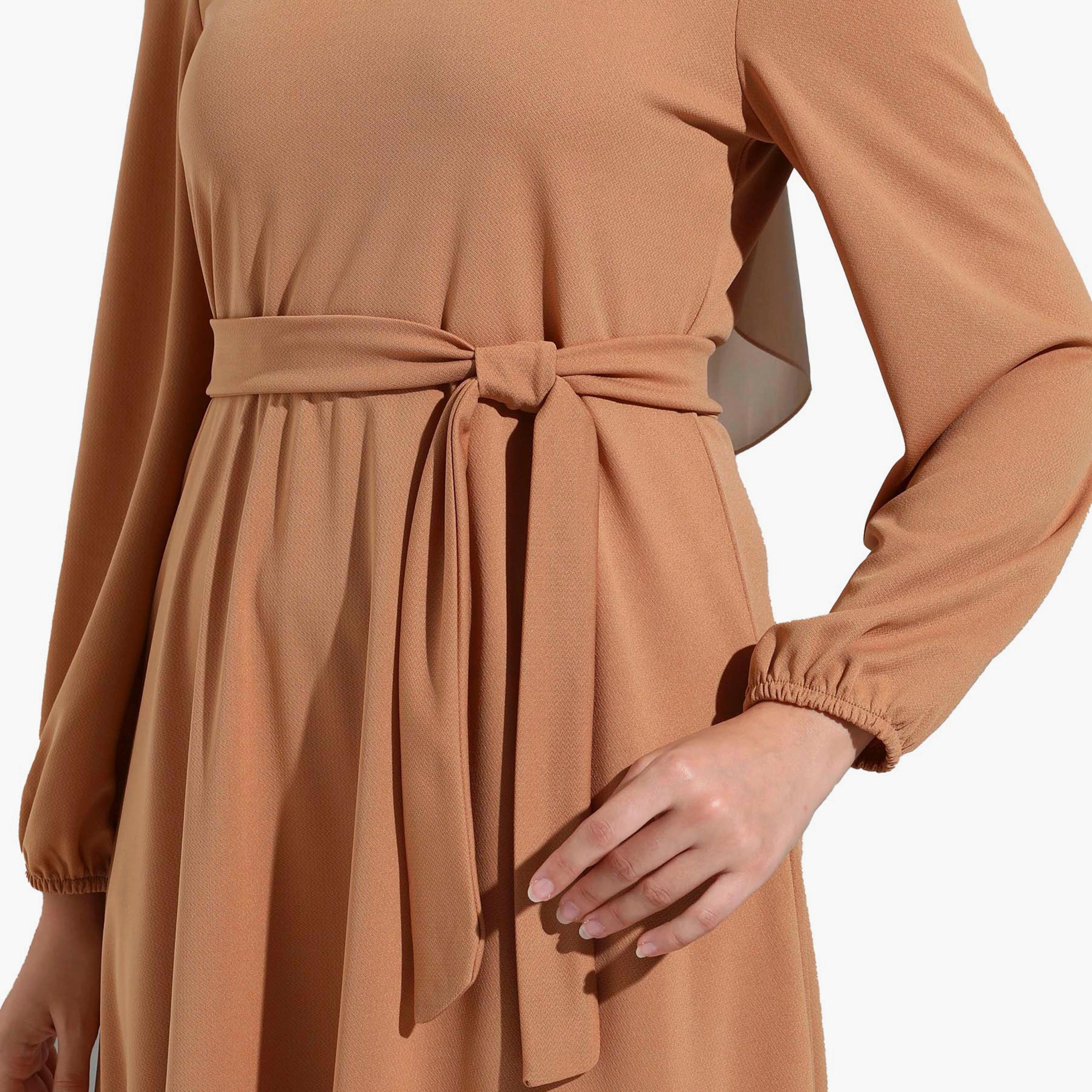 Modanisa Plain Crew Neck Tie Belt Modest Dress-women-clothing-dresses-image-4
