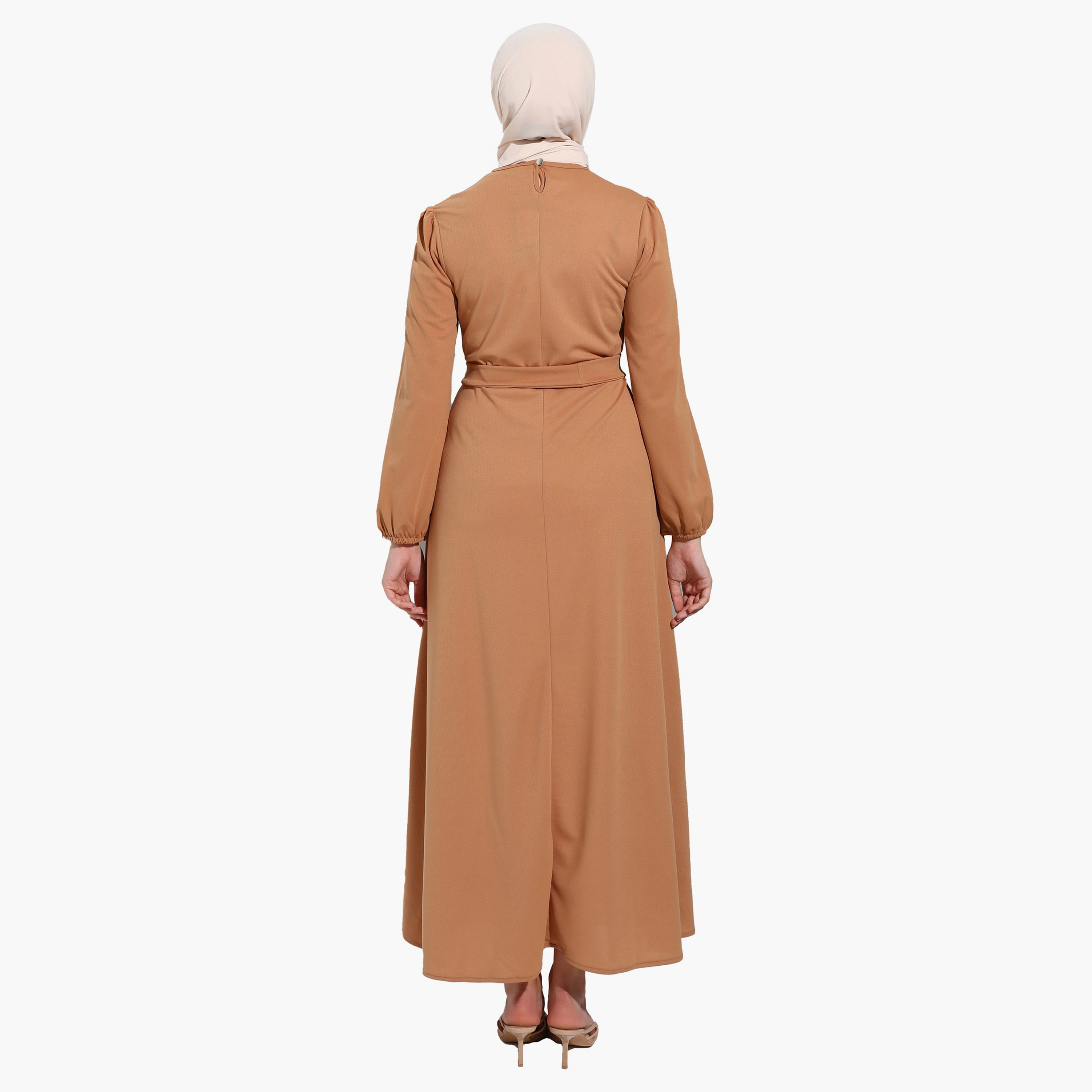 فستان متواضع عادية برقبة دائرية عادي وحزام ربطة من مودانيشا-women-clothing-dresses-image-5