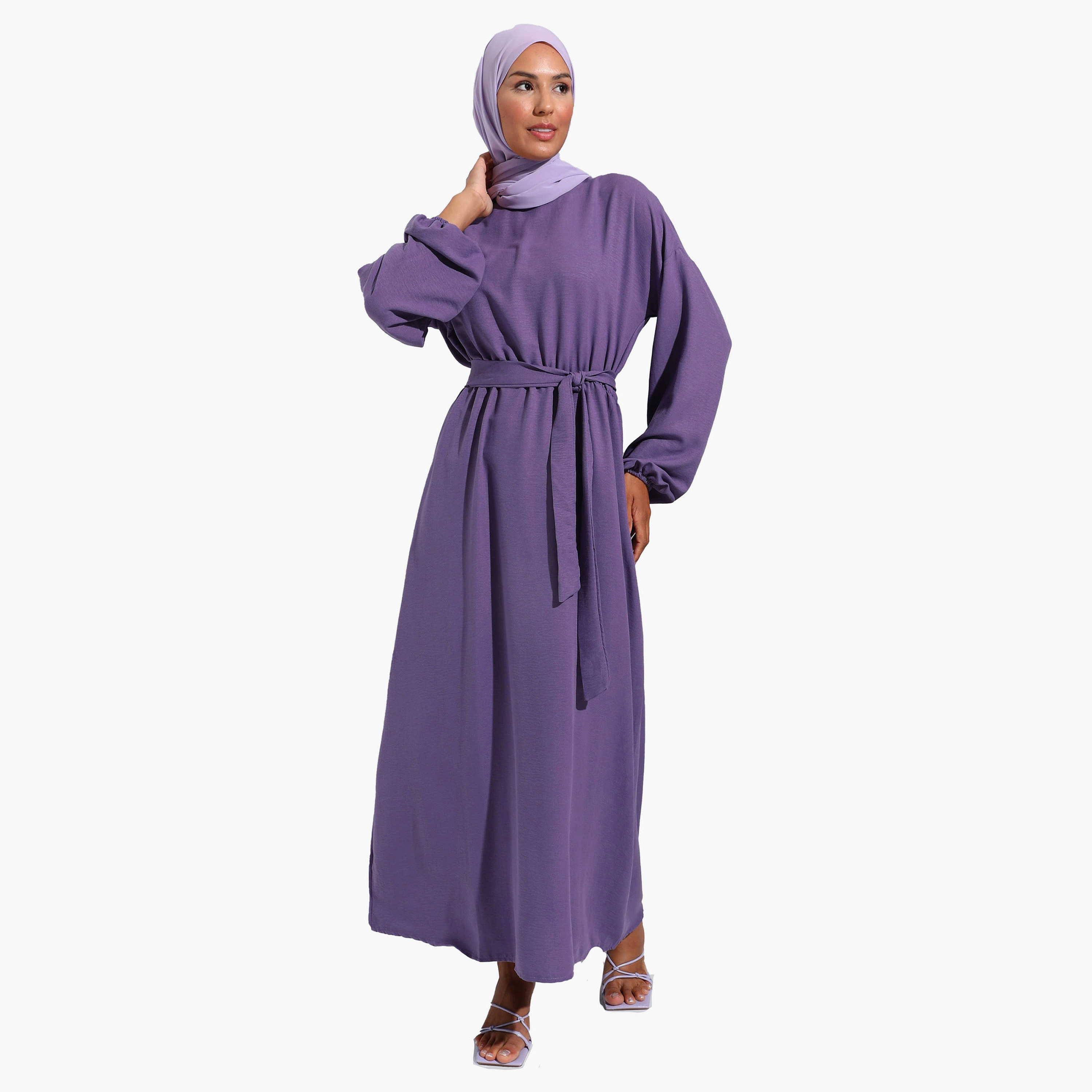 Modanisa Plain Crew Neck Tie Belt Modest Dress-women-clothing-dresses-image-1