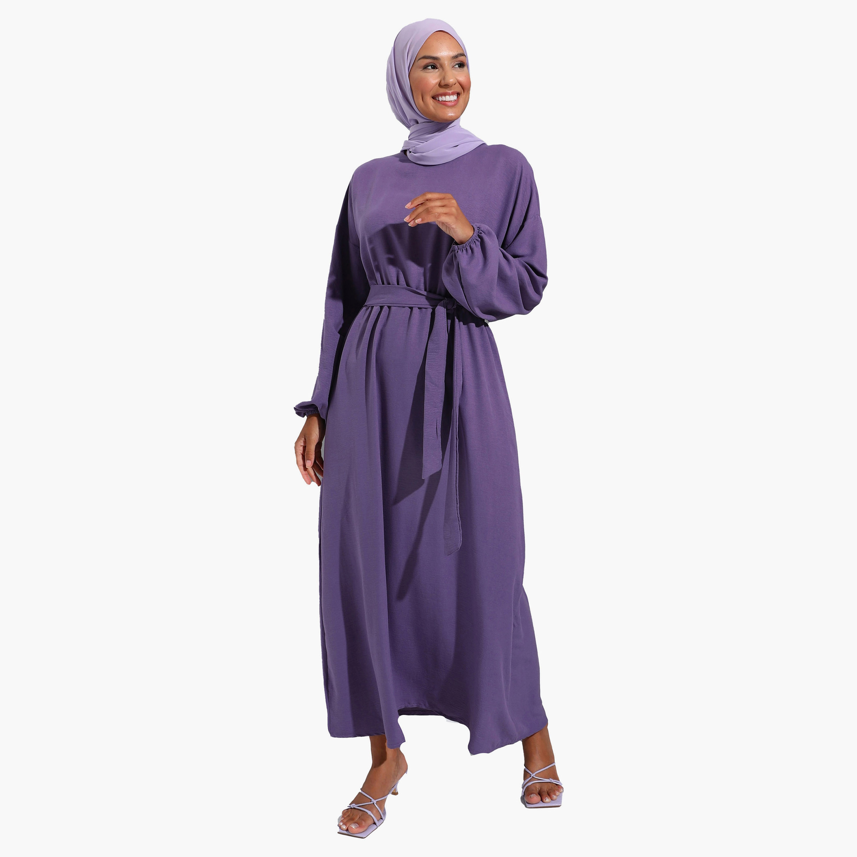 Modanisa Plain Crew Neck Tie Belt Modest Dress-women-clothing-dresses-image-2