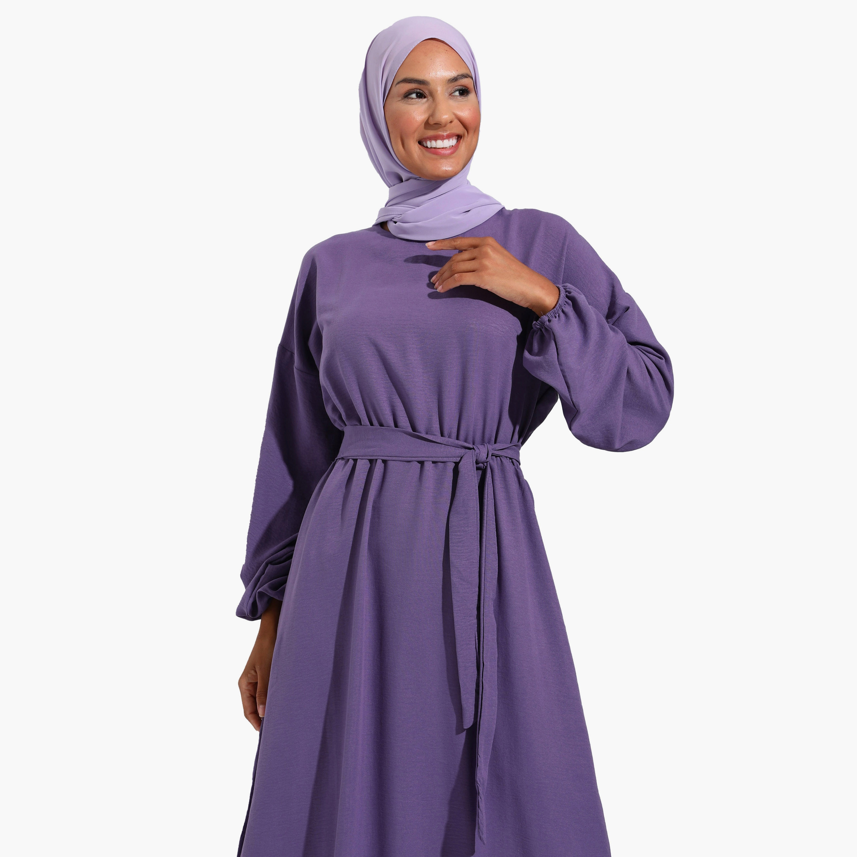 Modanisa Plain Crew Neck Tie Belt Modest Dress-women-clothing-dresses-image-3