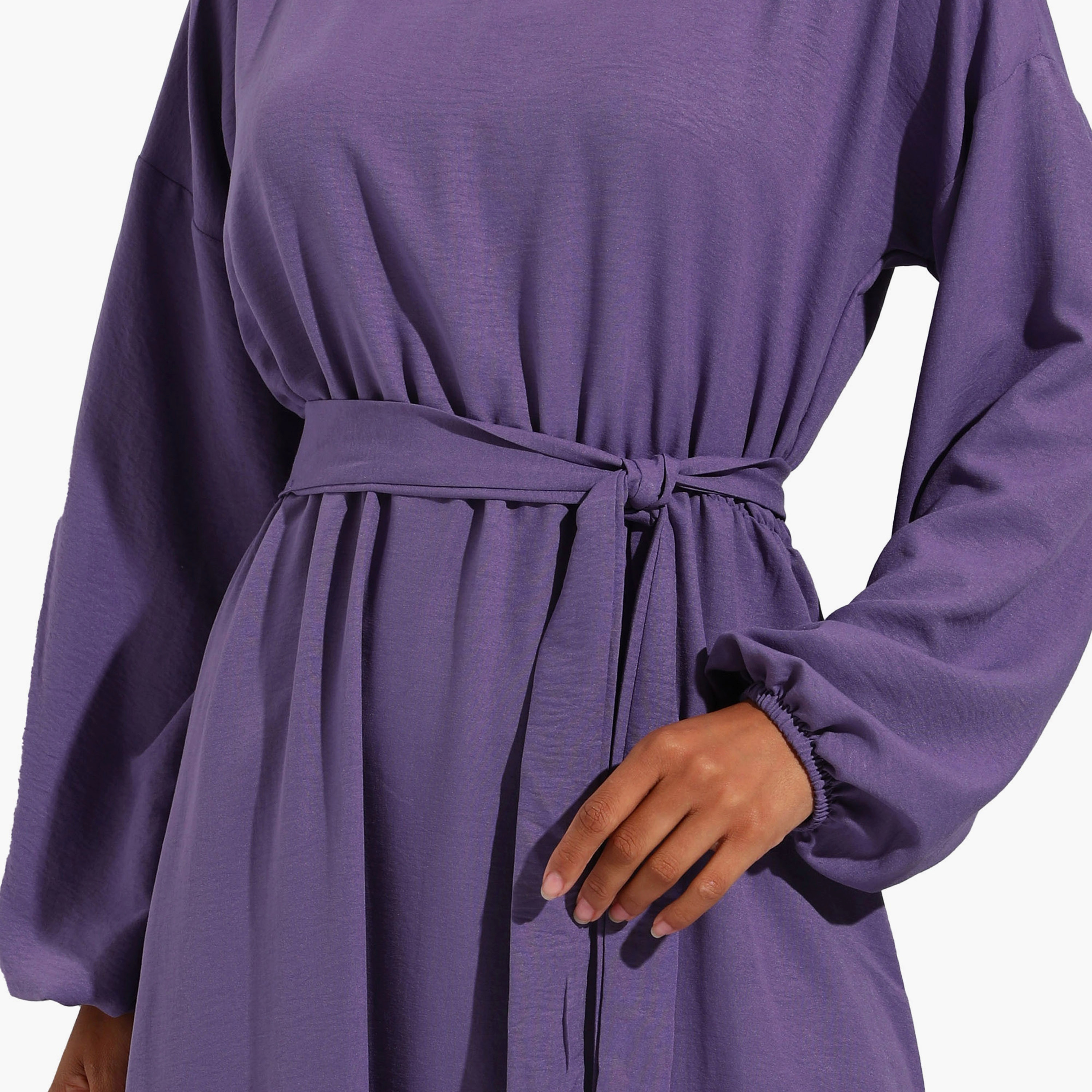 Modanisa Plain Crew Neck Tie Belt Modest Dress-women-clothing-dresses-image-4