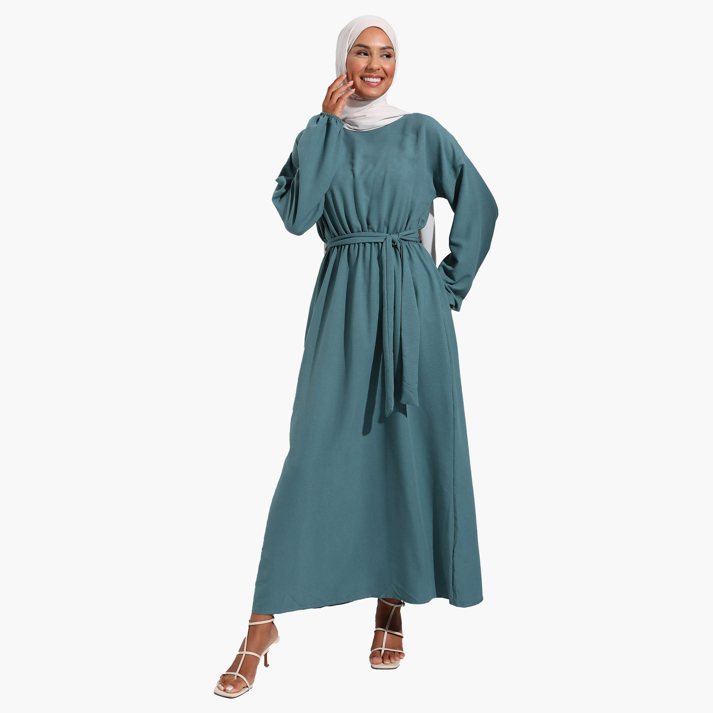 فستان متواضع عادية برقبة دائرية عادي وحزام ربطة من مودانيشا-women-clothing-dresses-image-1
