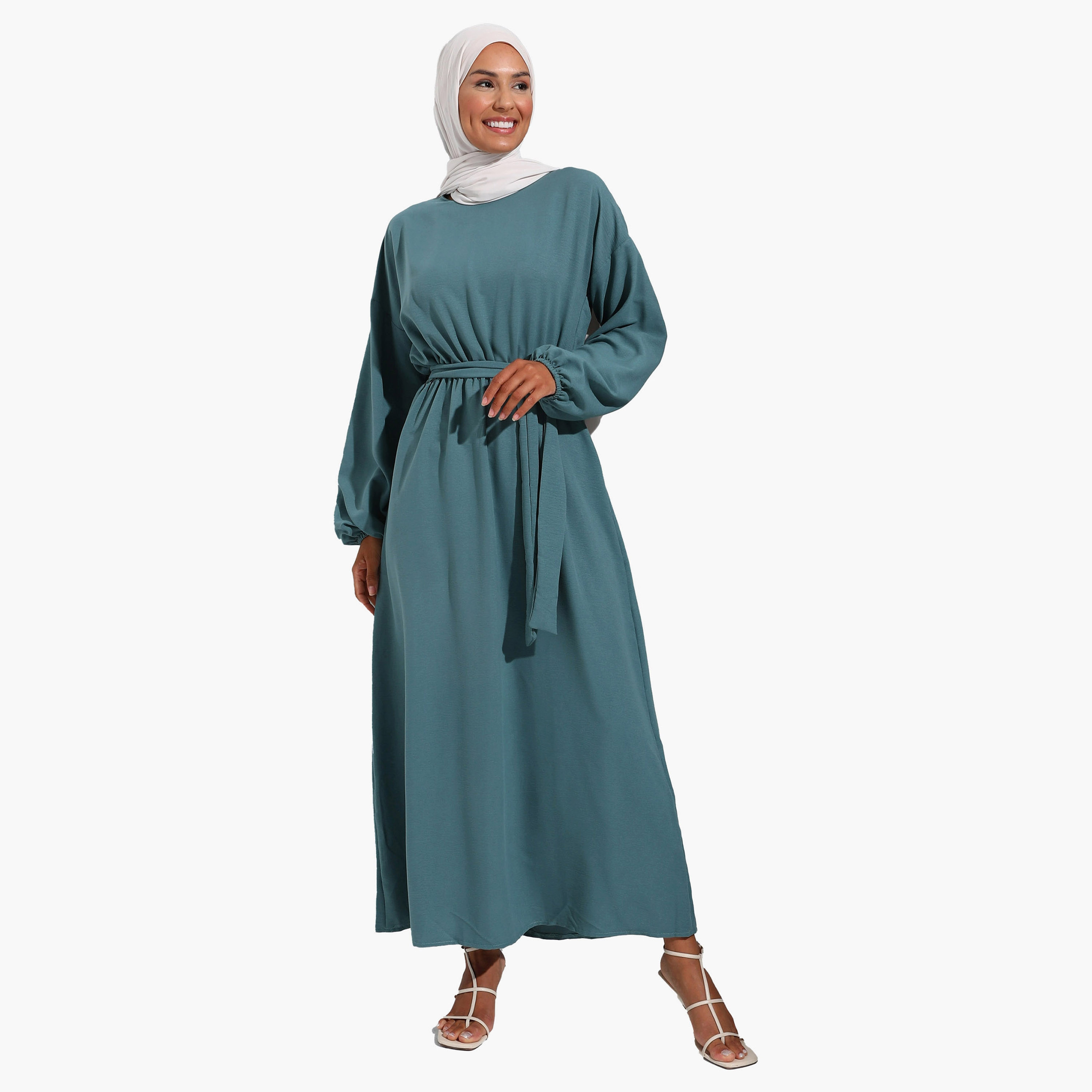 Modanisa Plain Crew Neck Tie Belt Modest Dress-women-clothing-dresses-image-2