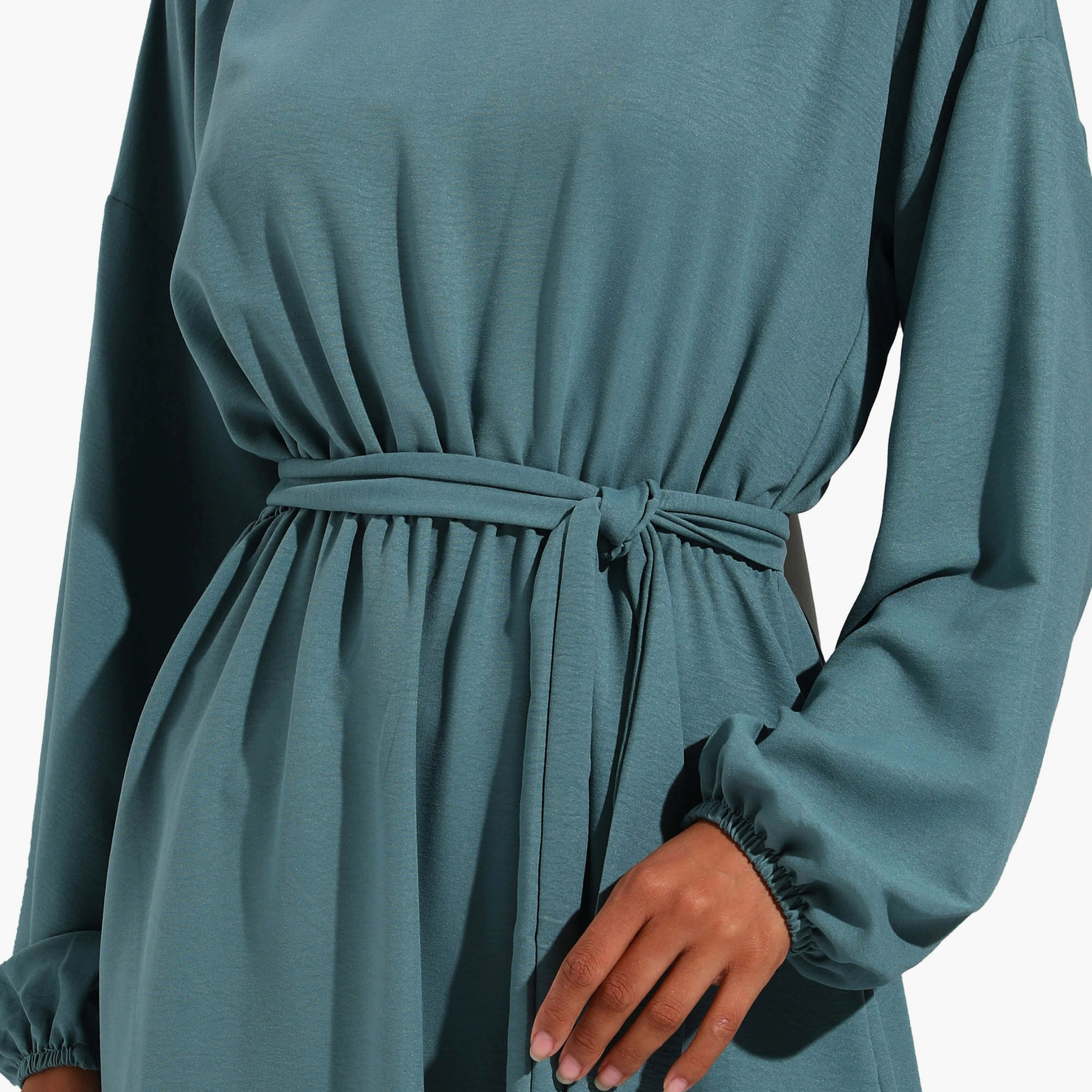 Modanisa Plain Crew Neck Tie Belt Modest Dress-women-clothing-dresses-image-4