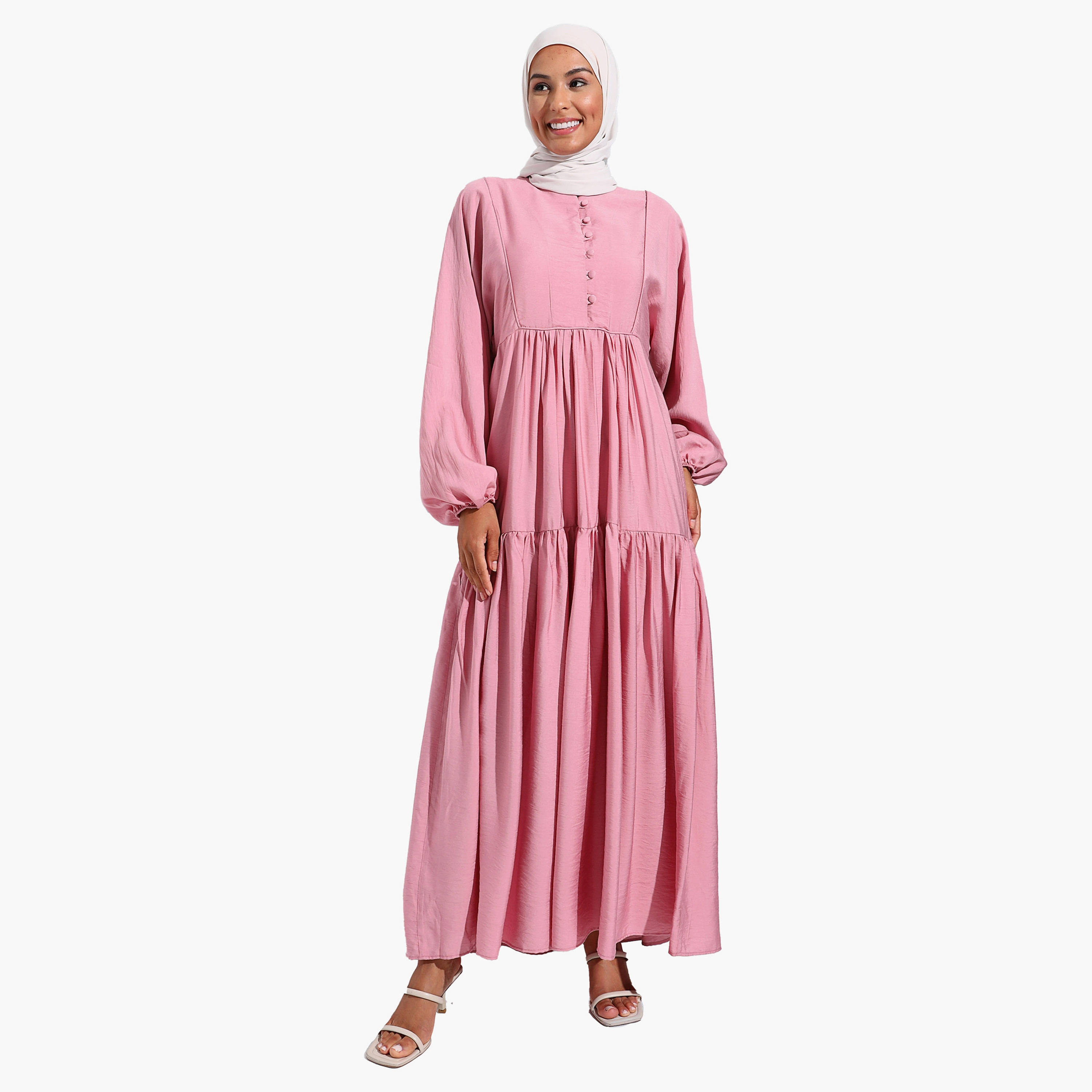 Modanisa Plain Crew Neck Pleated Modest Dress-women-clothing-dresses-image-2