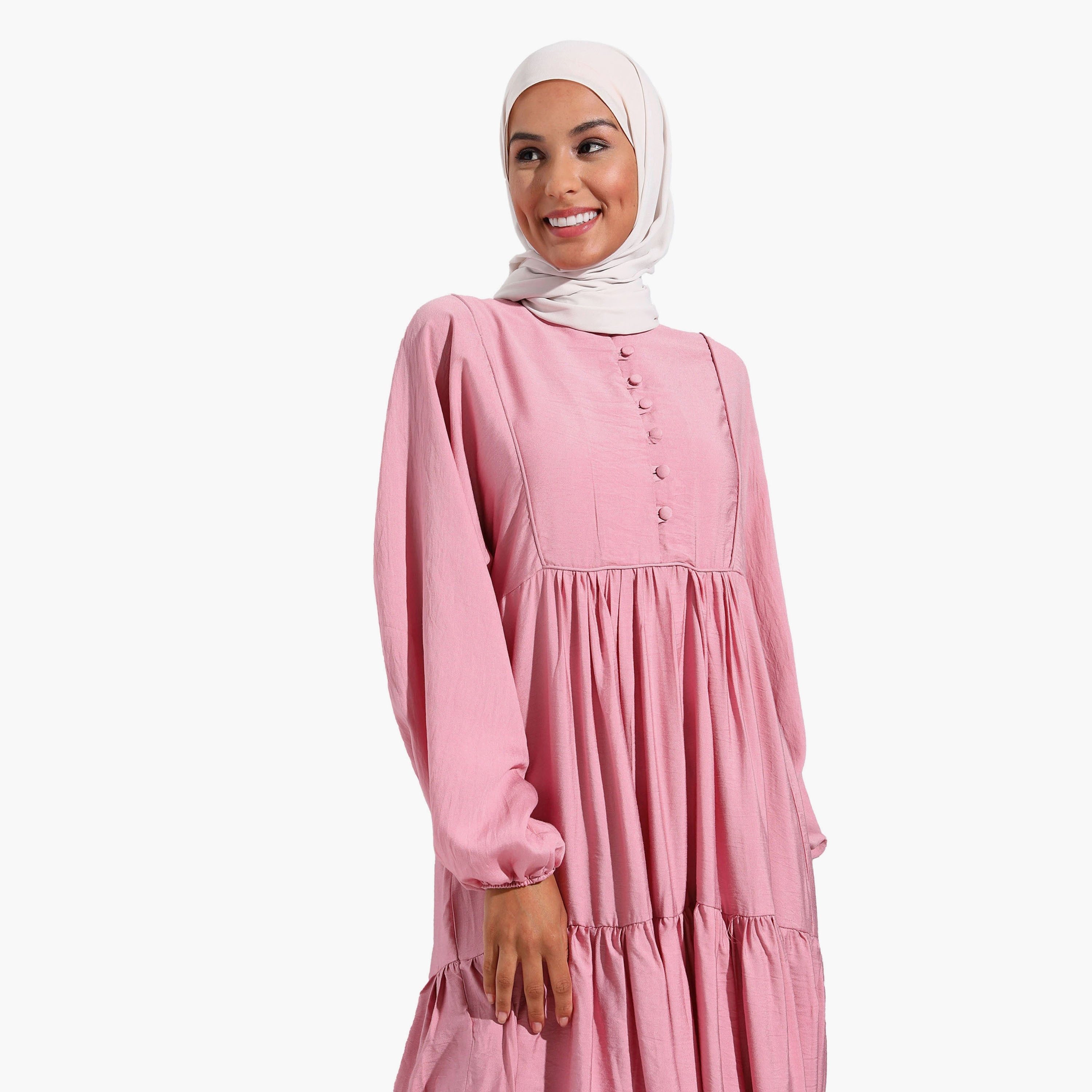 Modanisa Plain Crew Neck Pleated Modest Dress-women-clothing-dresses-image-3