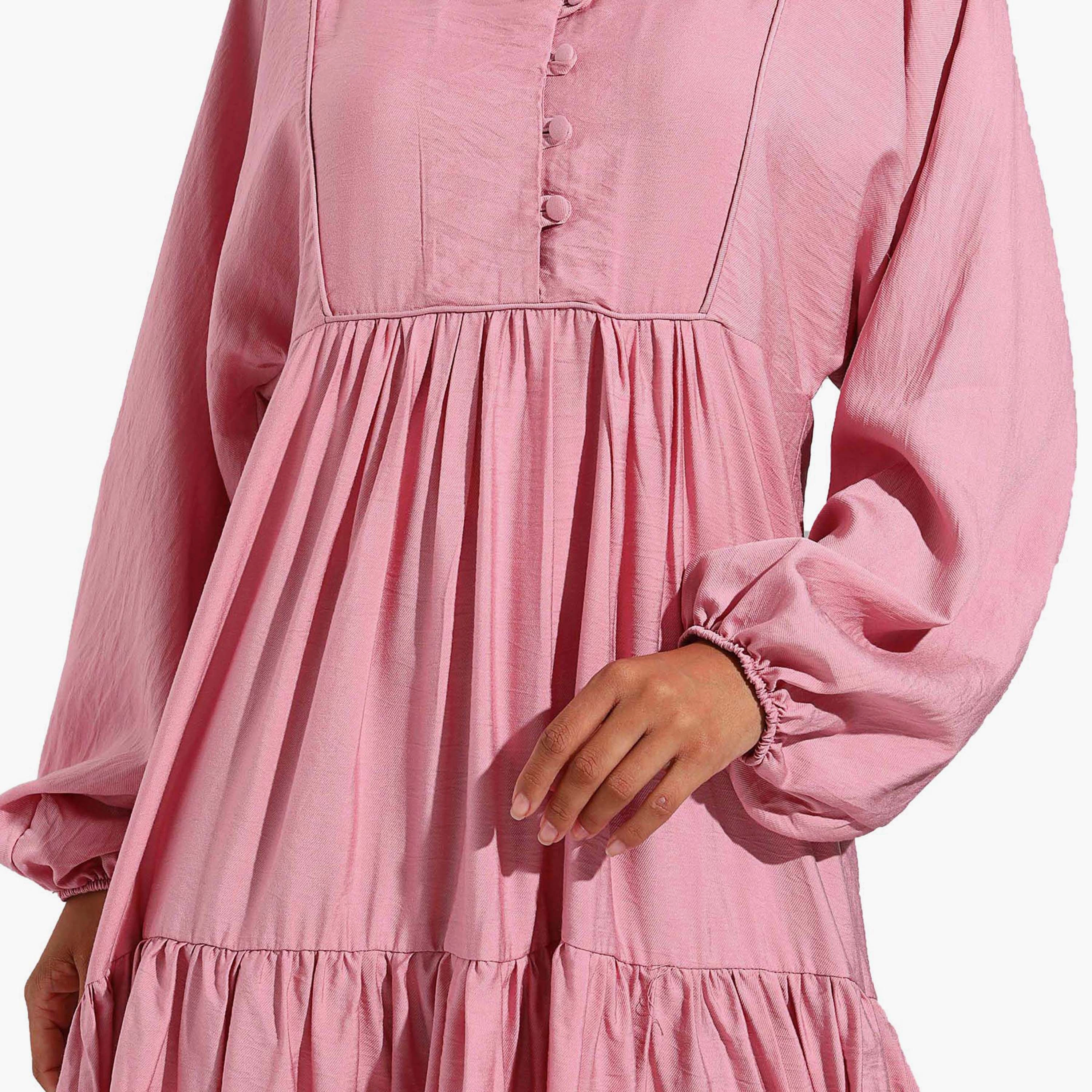 Modanisa Plain Crew Neck Pleated Modest Dress-women-clothing-dresses-image-4