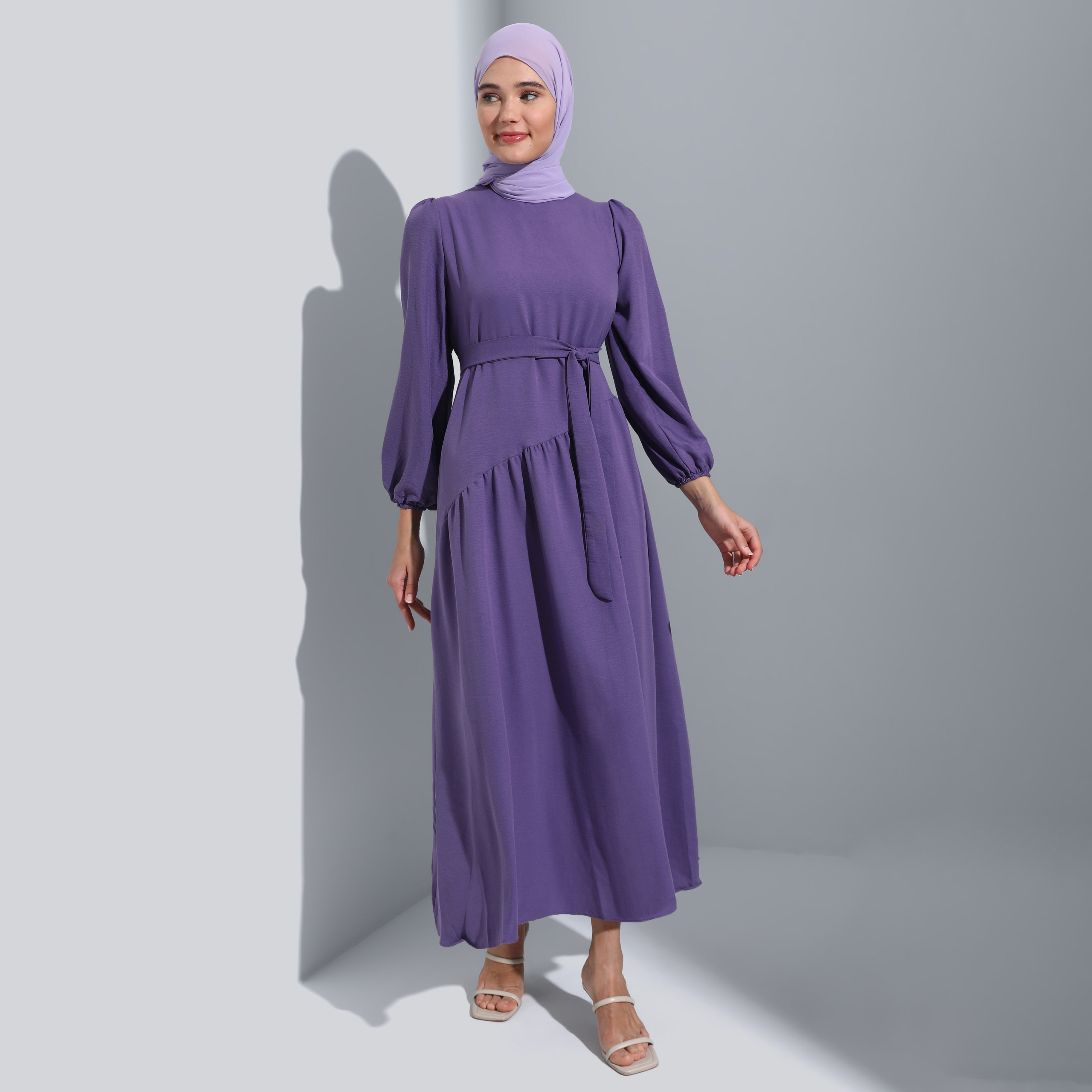 Modanisa Plain Crew Neck Front Tie-Up Belted Dress-women-clothing-dresses-image-1
