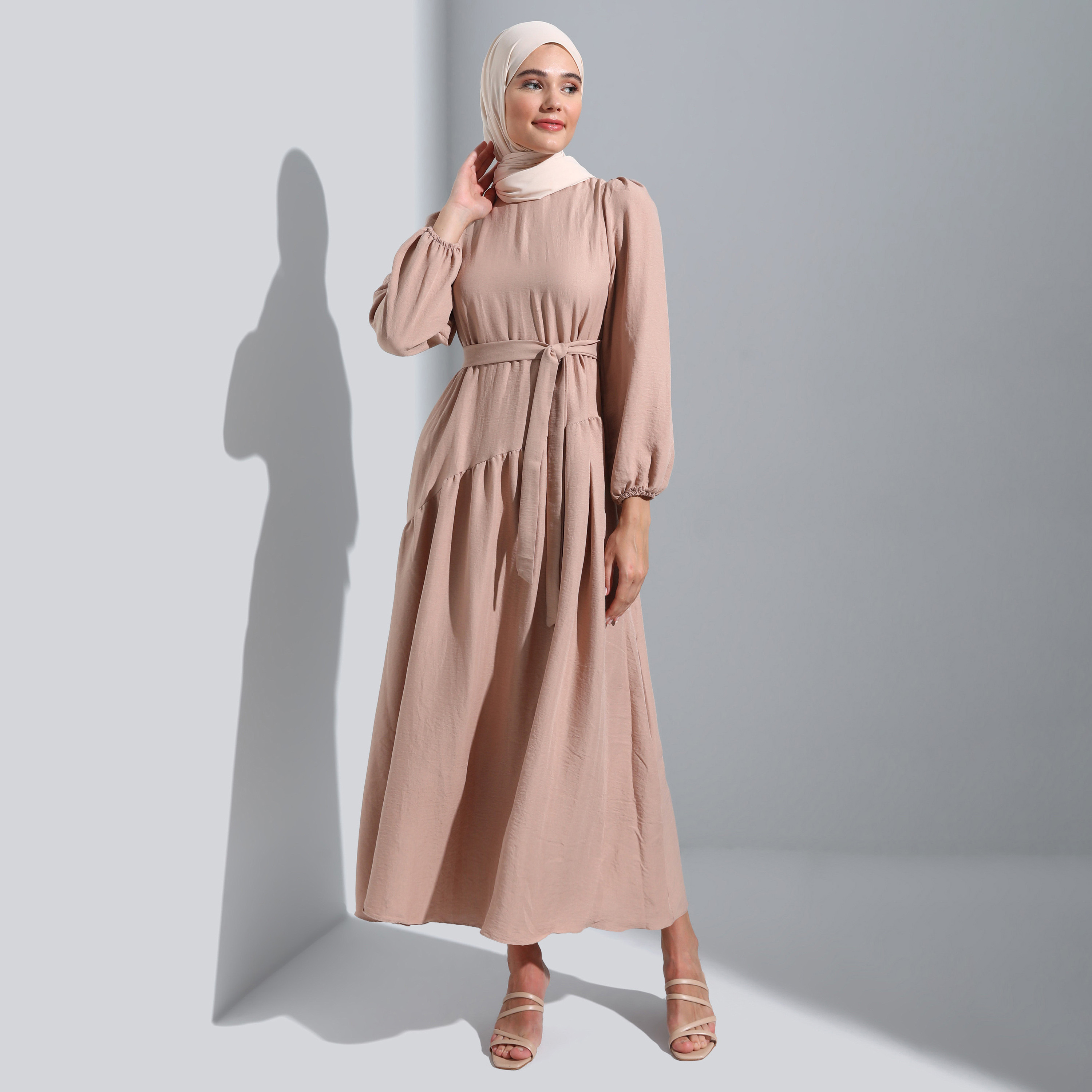 Modanisa Plain Crew Neck Front Tie-Up Belted Dress-women-clothing-dresses-image-1