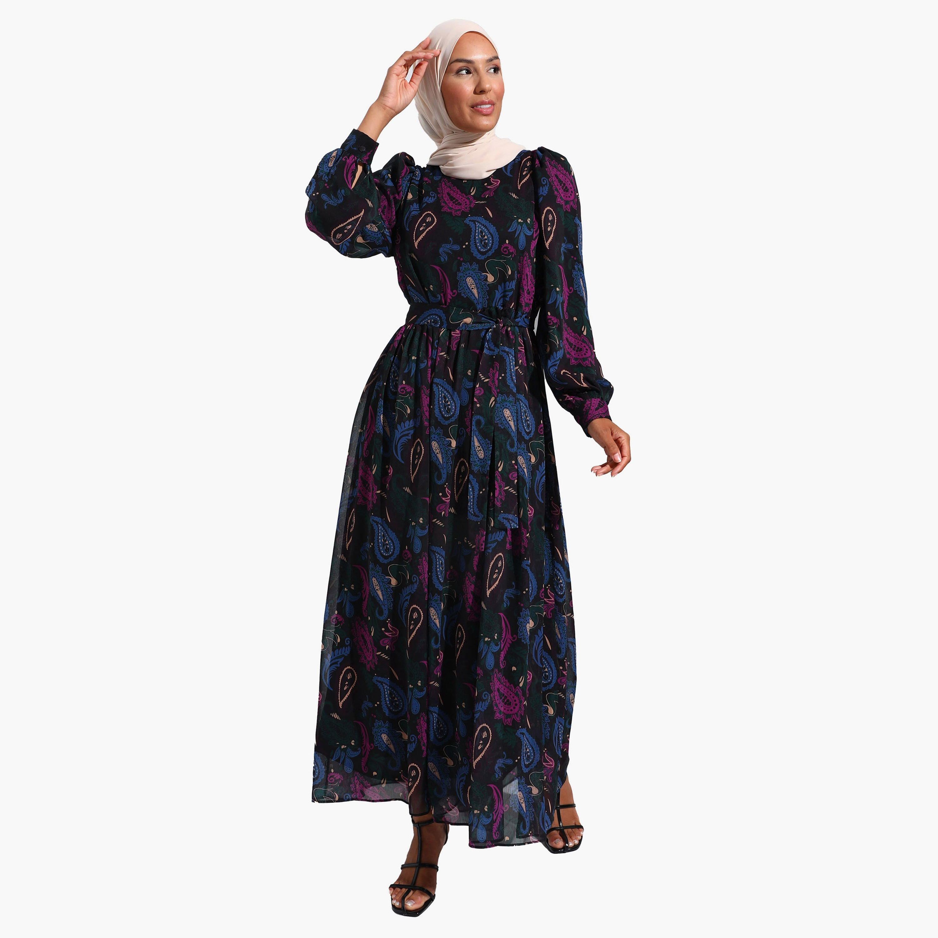 Modanisa Paisley Crew Neck Tie Belt Modest Dress-women-clothing-dresses-image-1