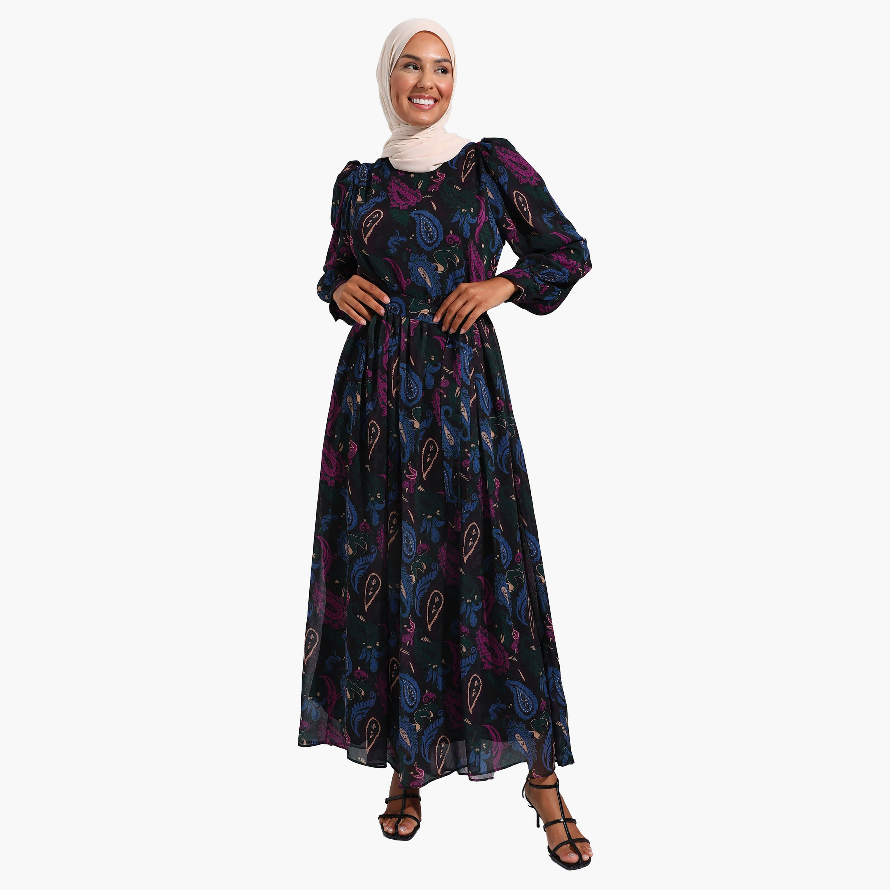 Modanisa Paisley Crew Neck Tie Belt Modest Dress-women-clothing-dresses-image-2