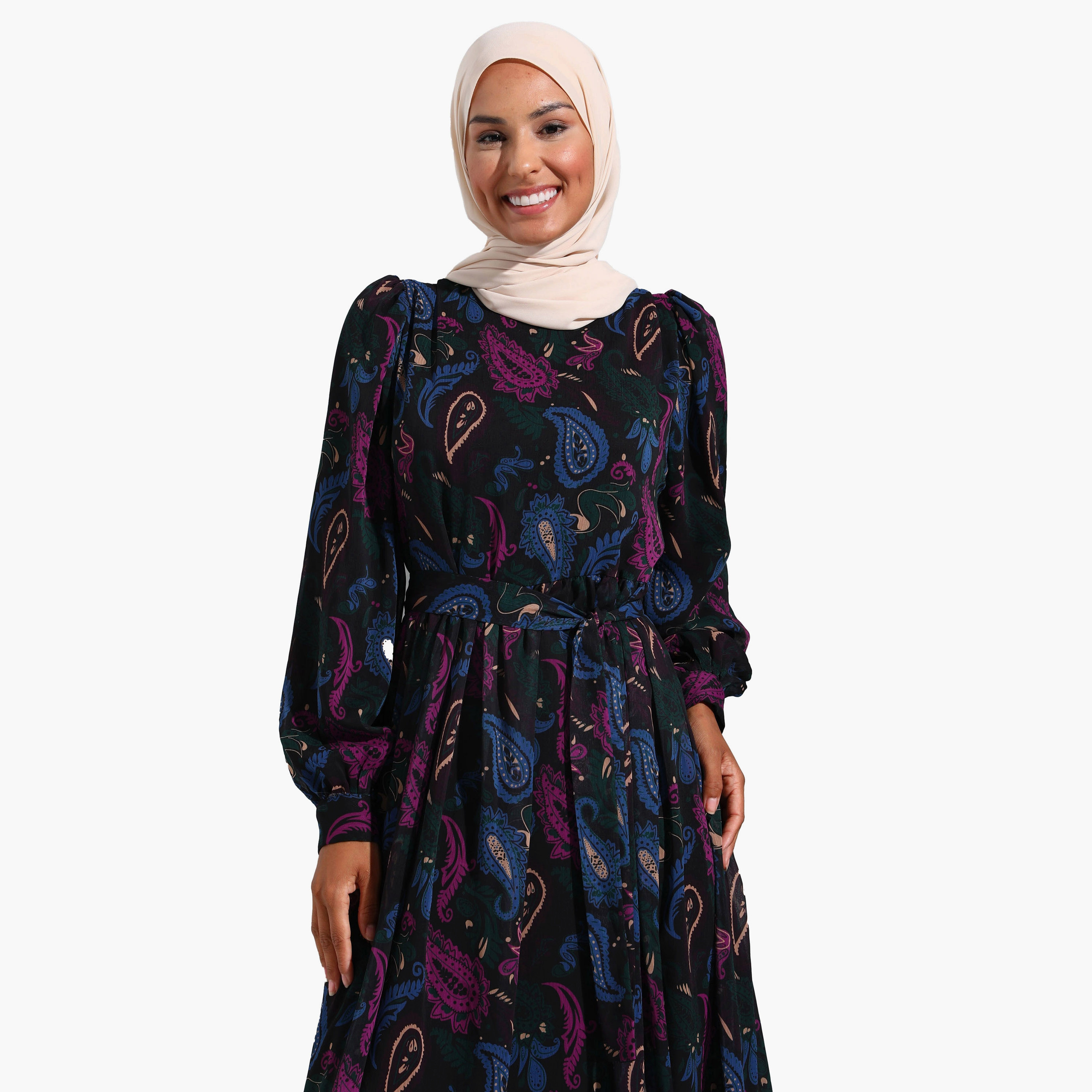 Modanisa Paisley Crew Neck Tie Belt Modest Dress-women-clothing-dresses-image-3