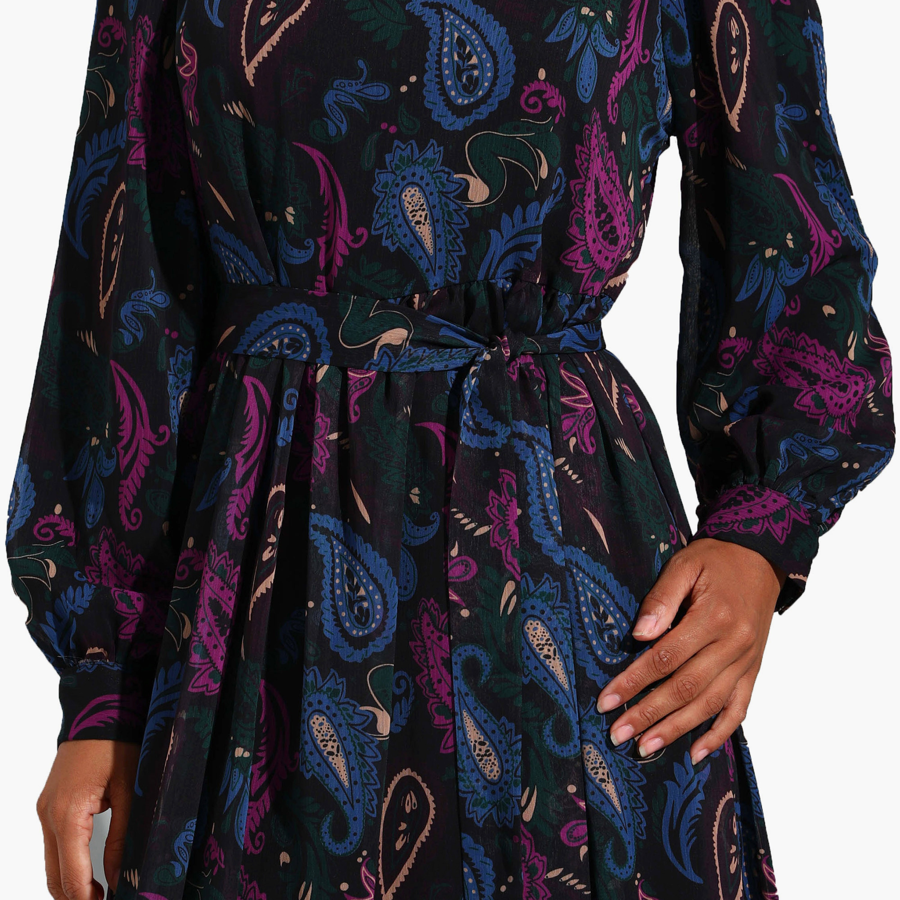 Modanisa Paisley Crew Neck Tie Belt Modest Dress-women-clothing-dresses-image-4