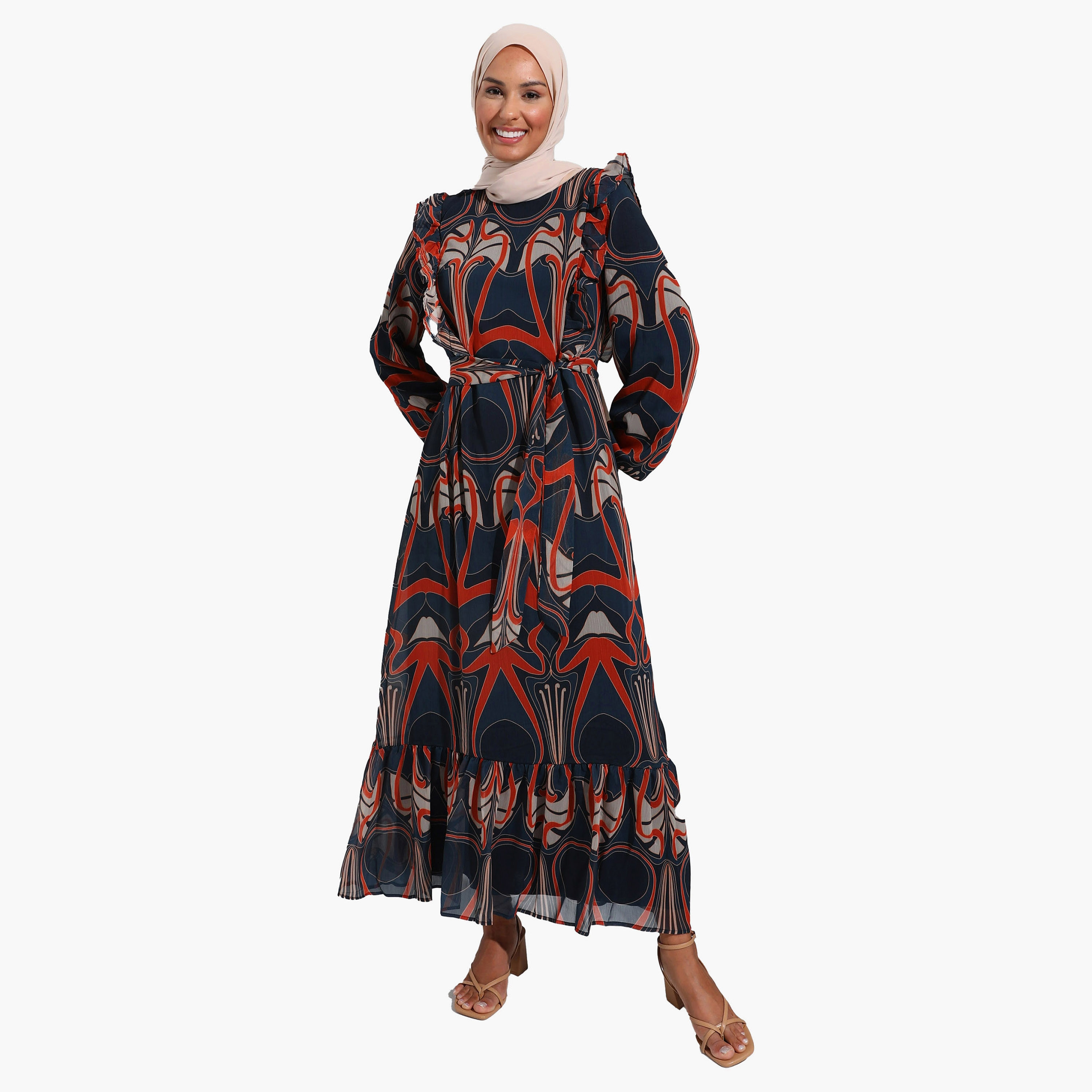 Modanisa Printed Crew Neck Ruffle Detail Tie Belt Modest Dress-women-clothing-dresses-image-1
