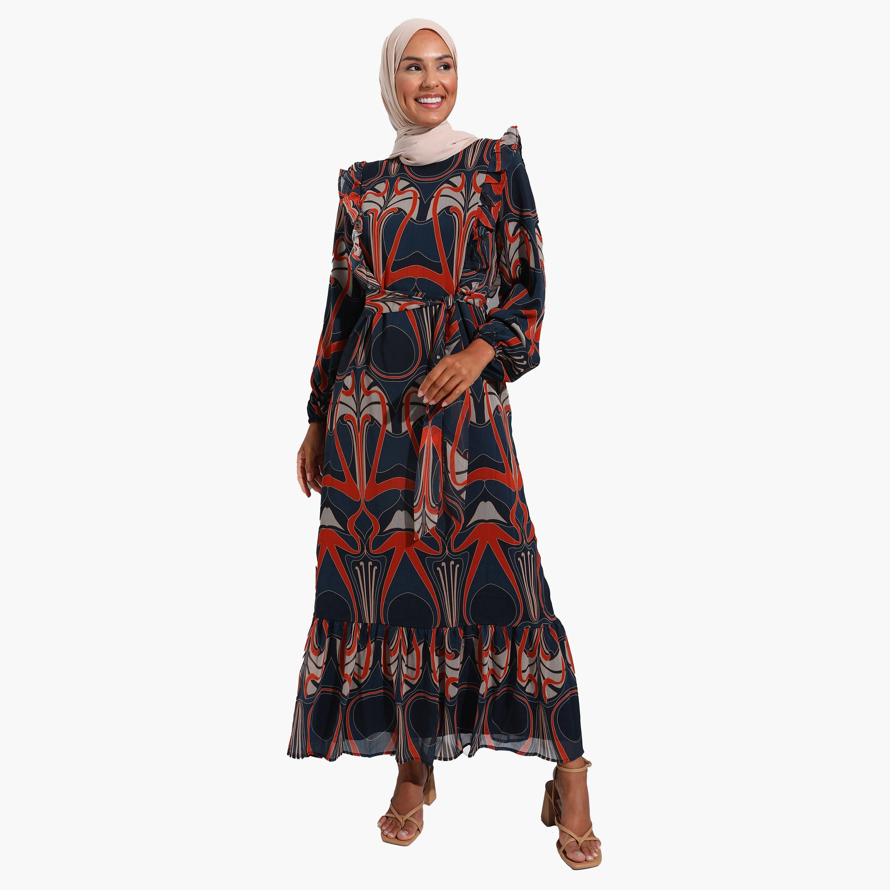 Modanisa Printed Crew Neck Ruffle Detail Tie Belt Modest Dress-women-clothing-dresses-image-2