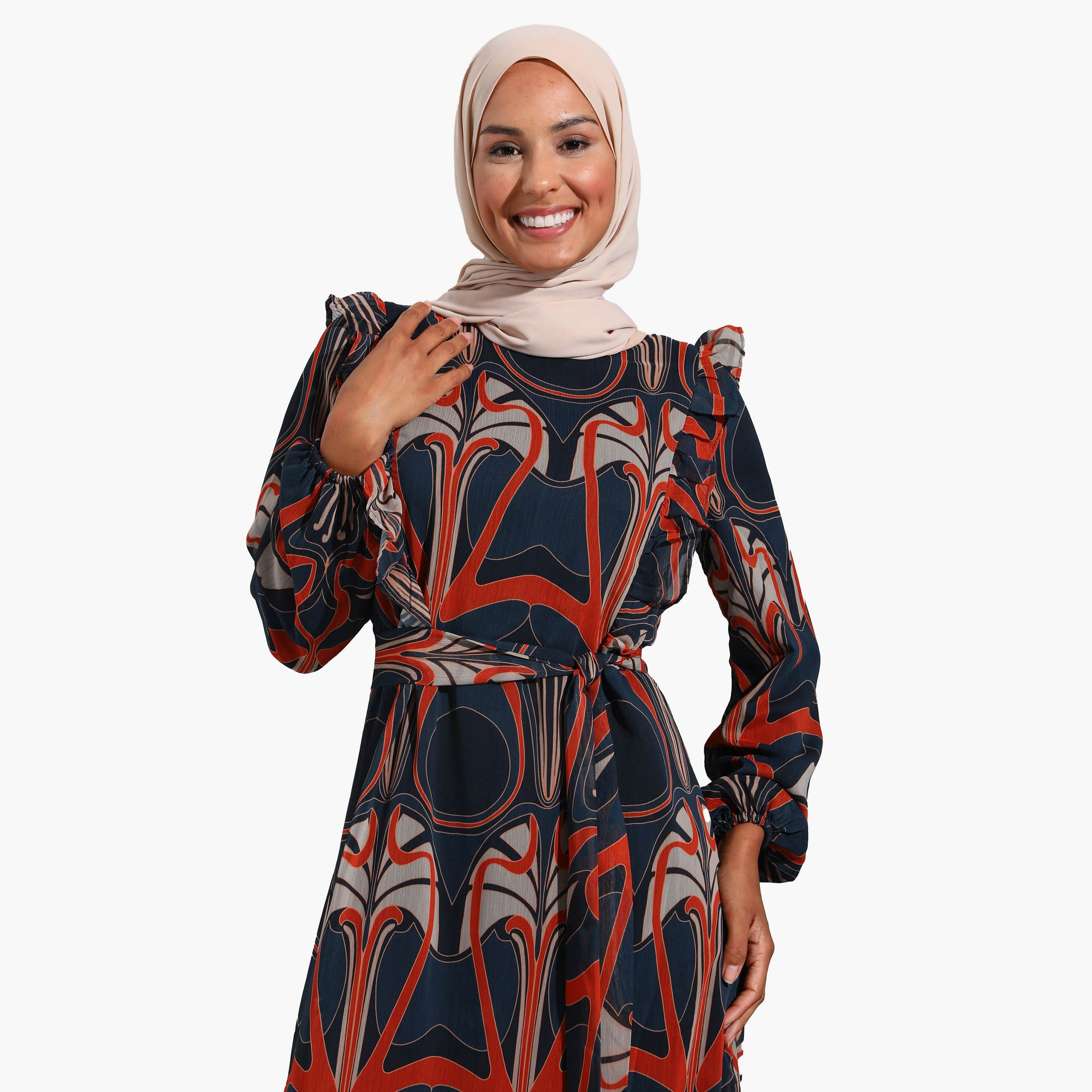 Modanisa Printed Crew Neck Ruffle Detail Tie Belt Modest Dress-women-clothing-dresses-image-3