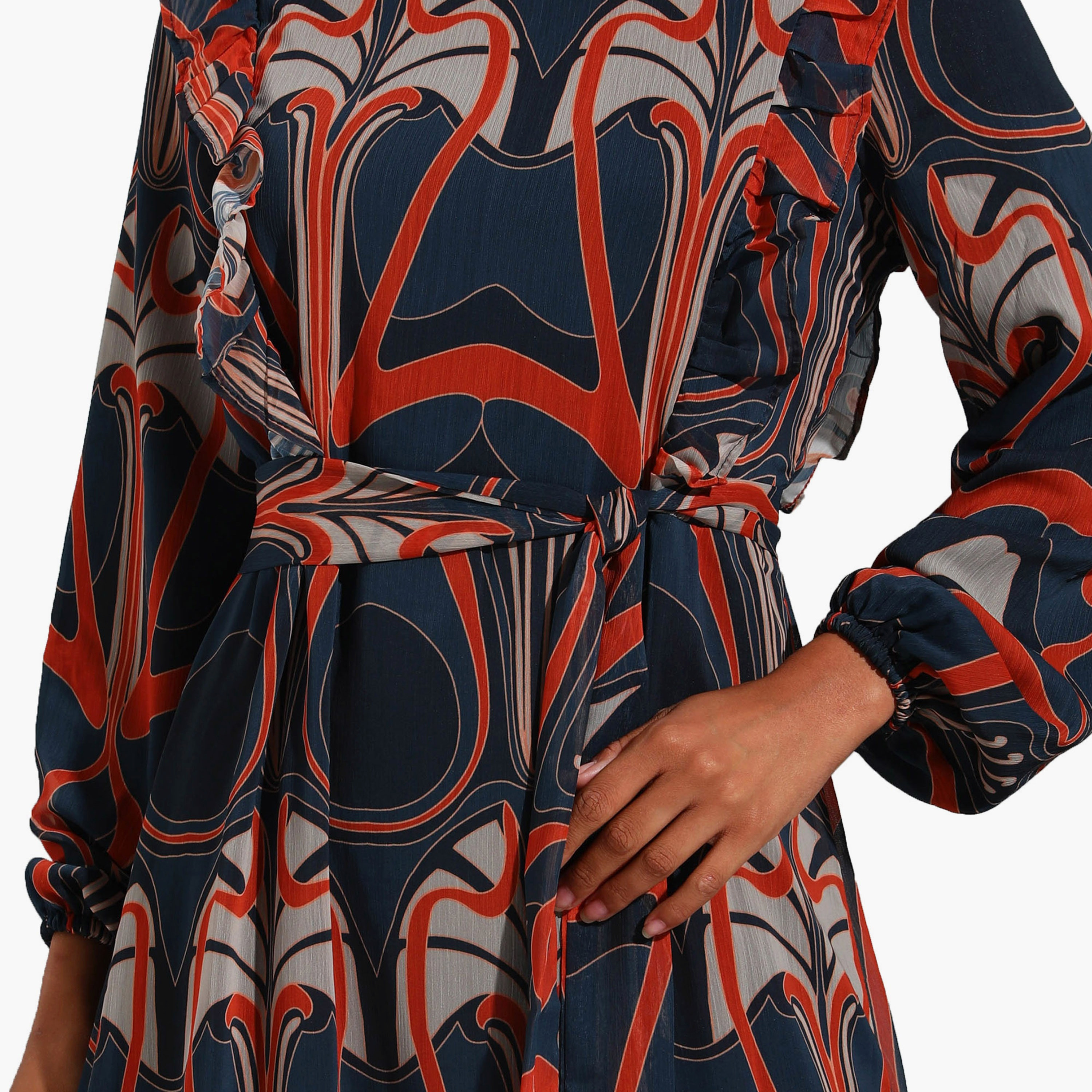 Modanisa Printed Crew Neck Ruffle Detail Tie Belt Modest Dress-women-clothing-dresses-image-4