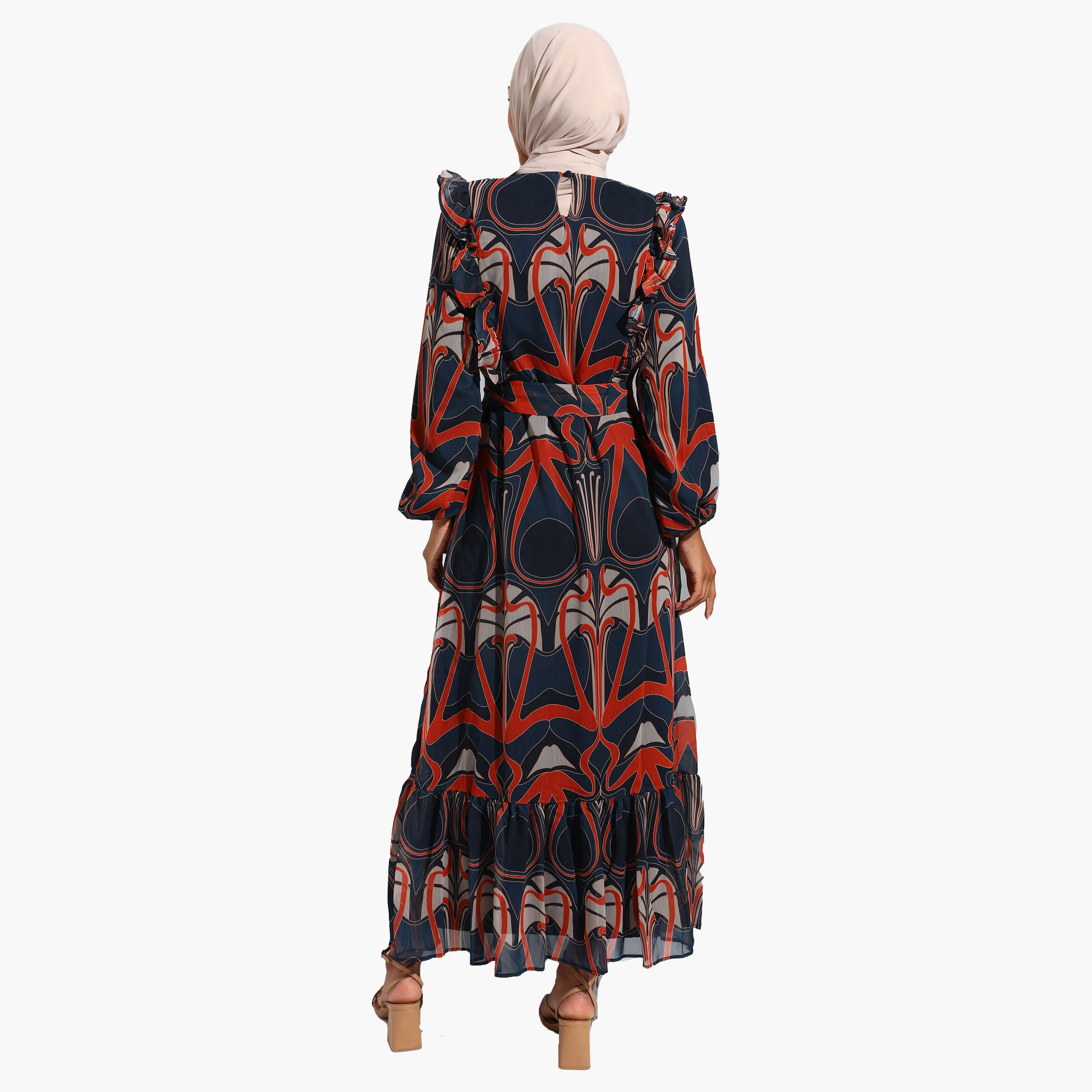 Modanisa Printed Crew Neck Ruffle Detail Tie Belt Modest Dress-women-clothing-dresses-image-5