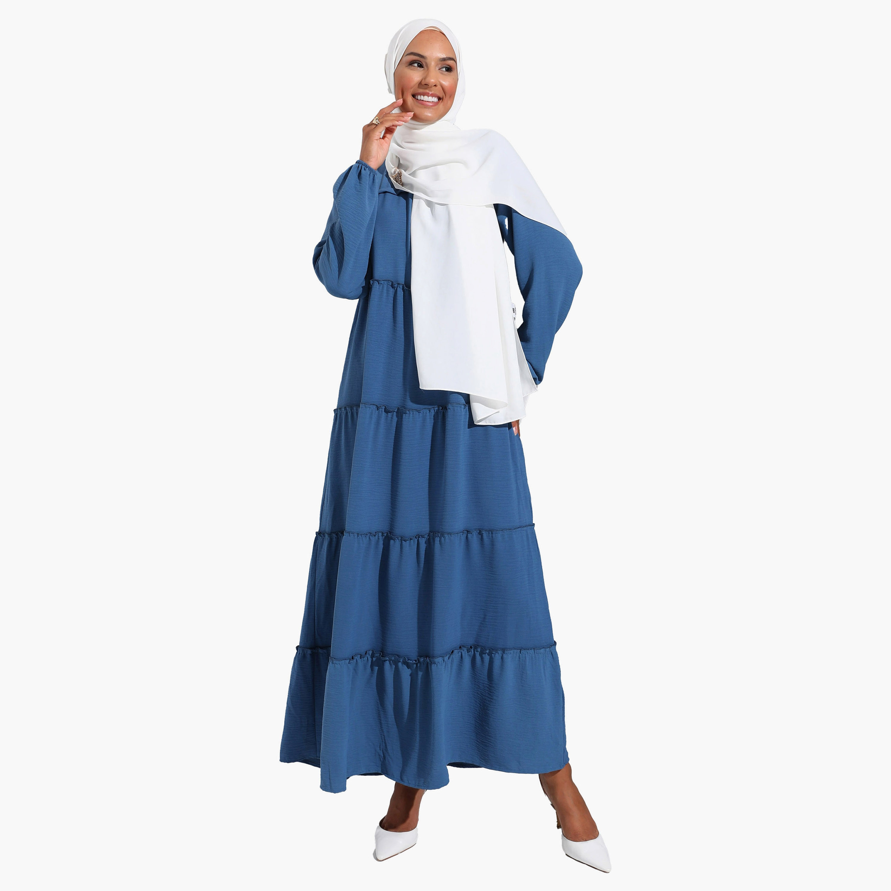 Modanisa Plain Crew Neck Tiered Modest Dress-women-clothing-dresses-image-1