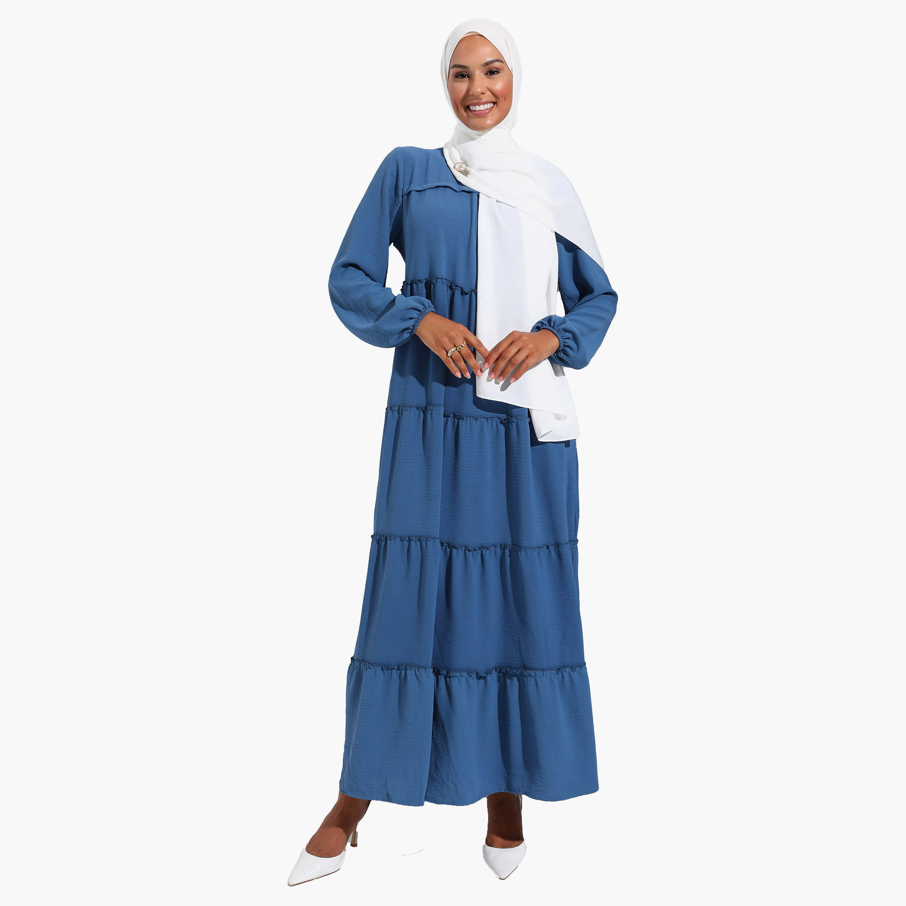 Modanisa Plain Crew Neck Tiered Modest Dress-women-clothing-dresses-image-2