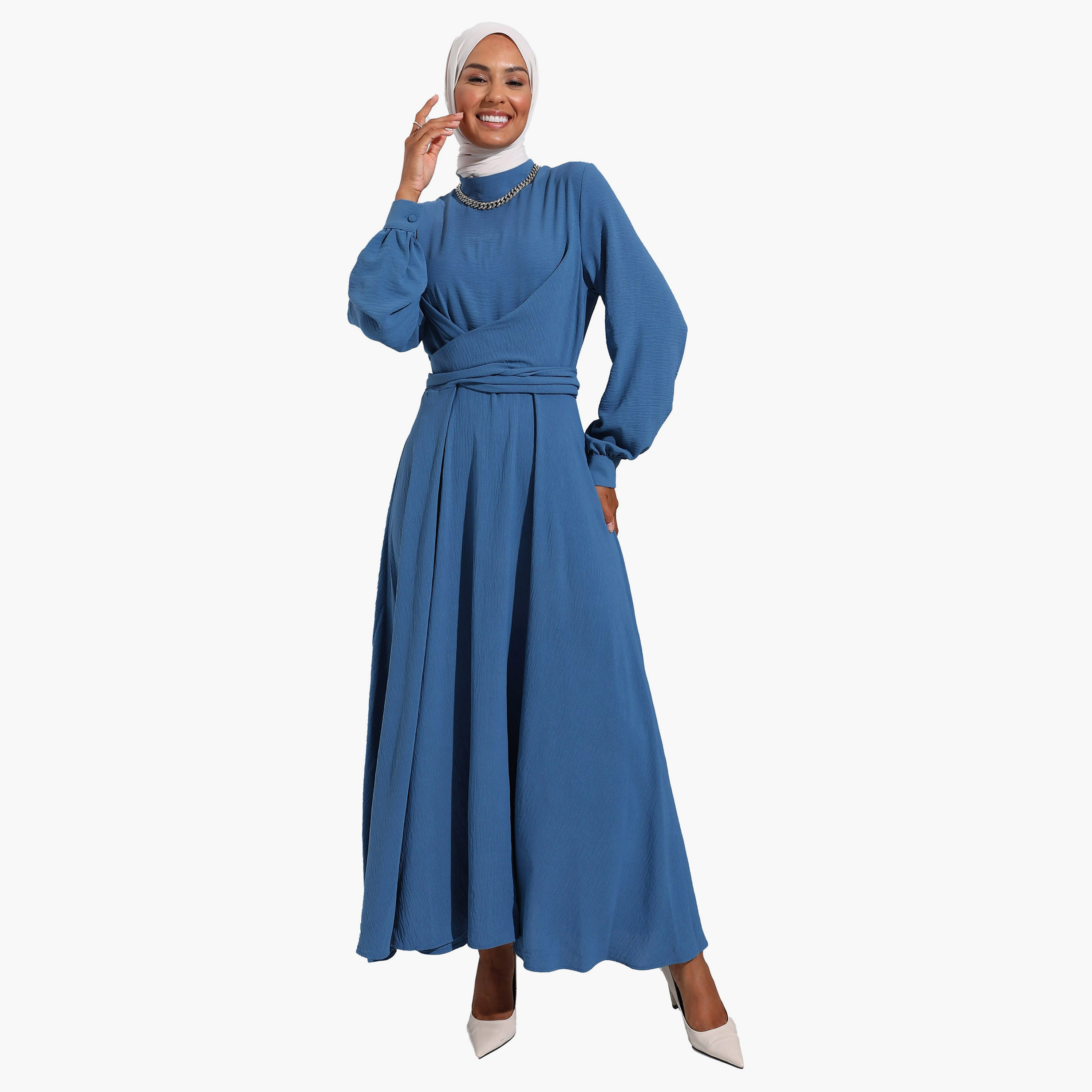 فستان متواضع عادية برقبة عالية عادي وحزام خلفي من مودانيشا-women-clothing-dresses-image-1