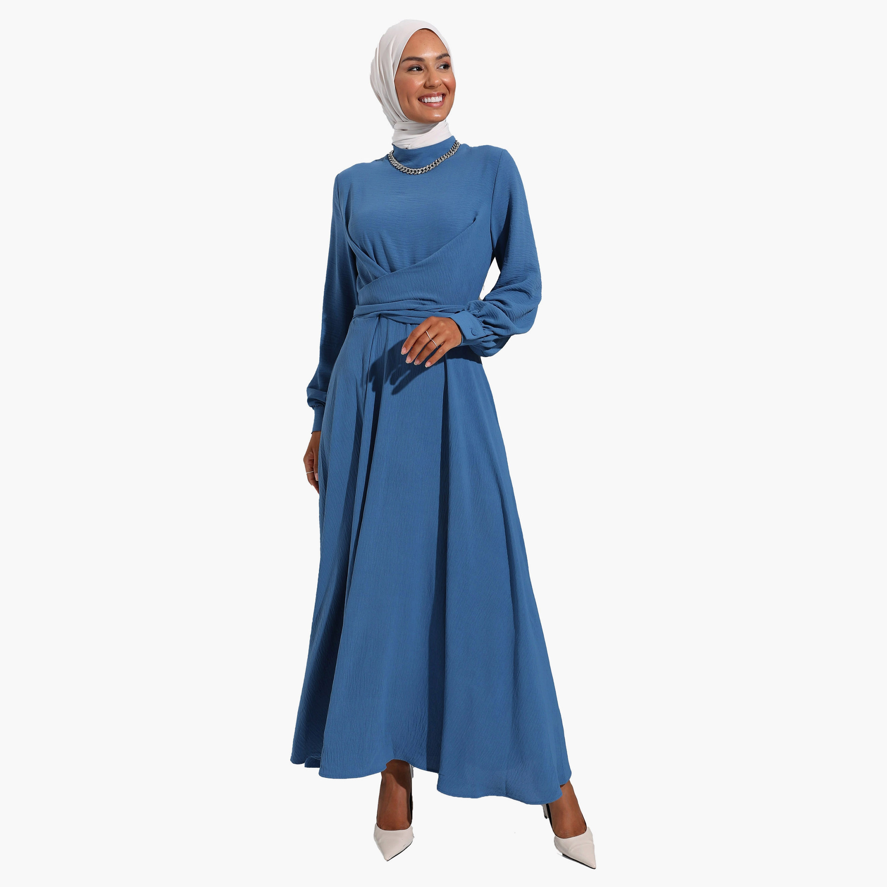 فستان متواضع عادية برقبة عالية عادي وحزام خلفي من مودانيشا-women-clothing-dresses-image-2