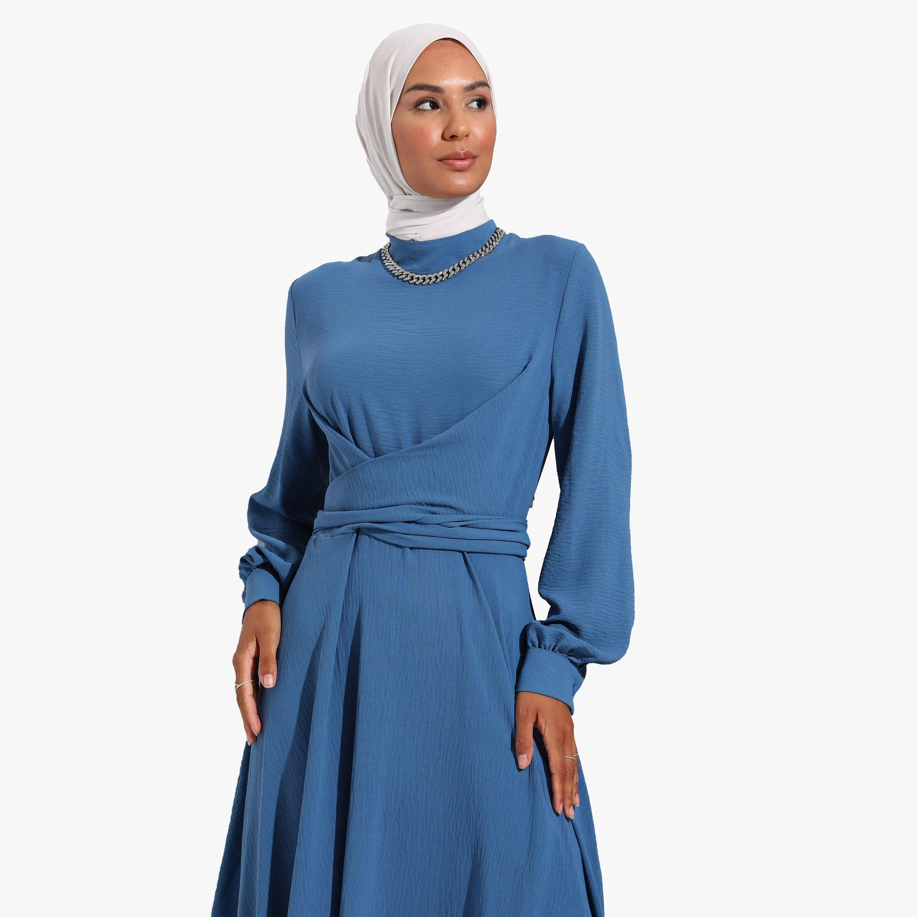 فستان متواضع عادية برقبة عالية عادي وحزام خلفي من مودانيشا-women-clothing-dresses-image-3