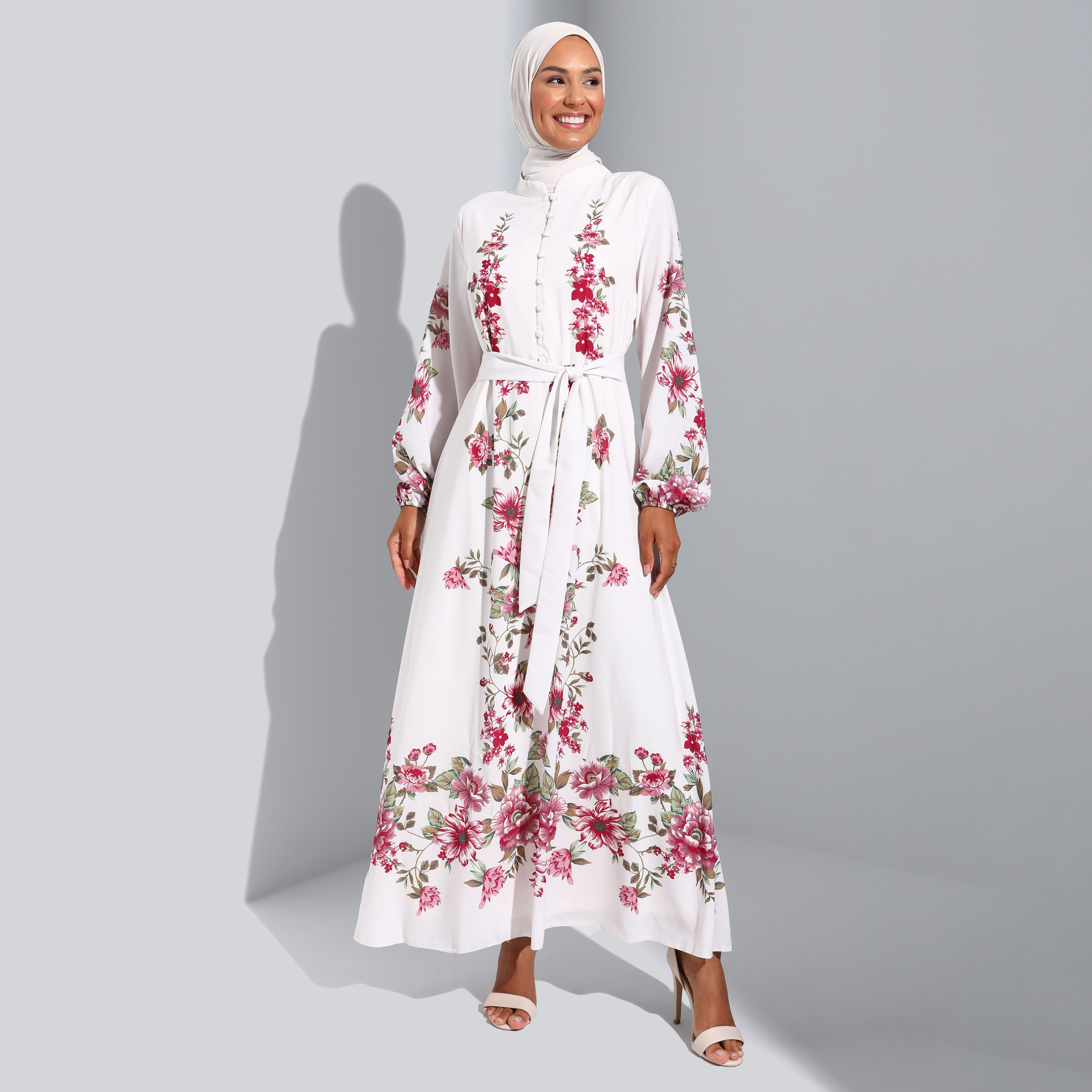 Modanisa Floral Mandarin Neck Front Tie-Up Belted Dress-women-clothing-dresses-image-1