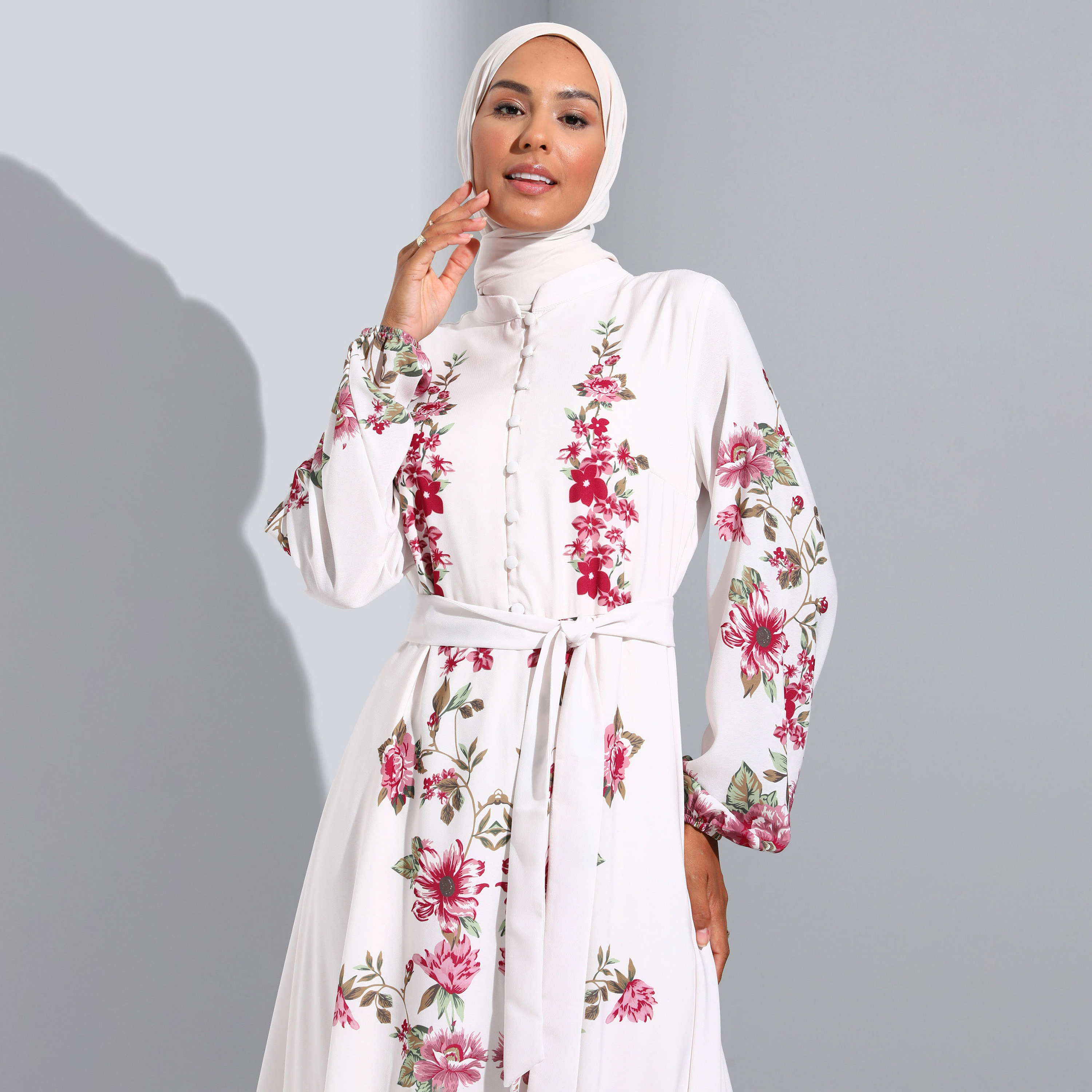 Modanisa Floral Mandarin Neck Front Tie-Up Belted Dress-women-clothing-dresses-image-2